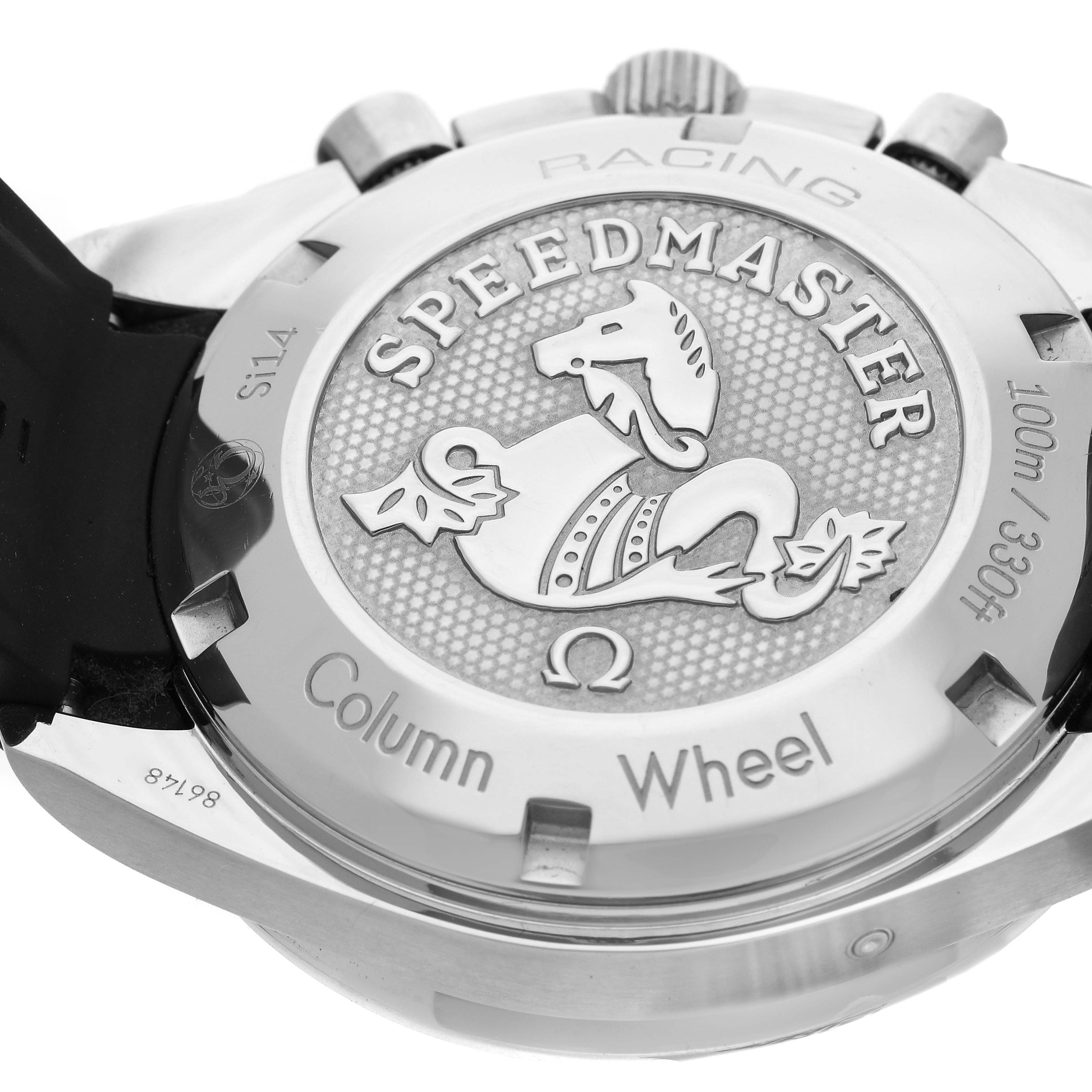 The image shows the back case of an Omega Speedmaster 326.32.40.50.01.001 Men
s Stainless Steel Black Dial 326.32.40.50.01.001 Men
s Stainless Steel Black Dial, highlighting the engraved details and branding on the rear.