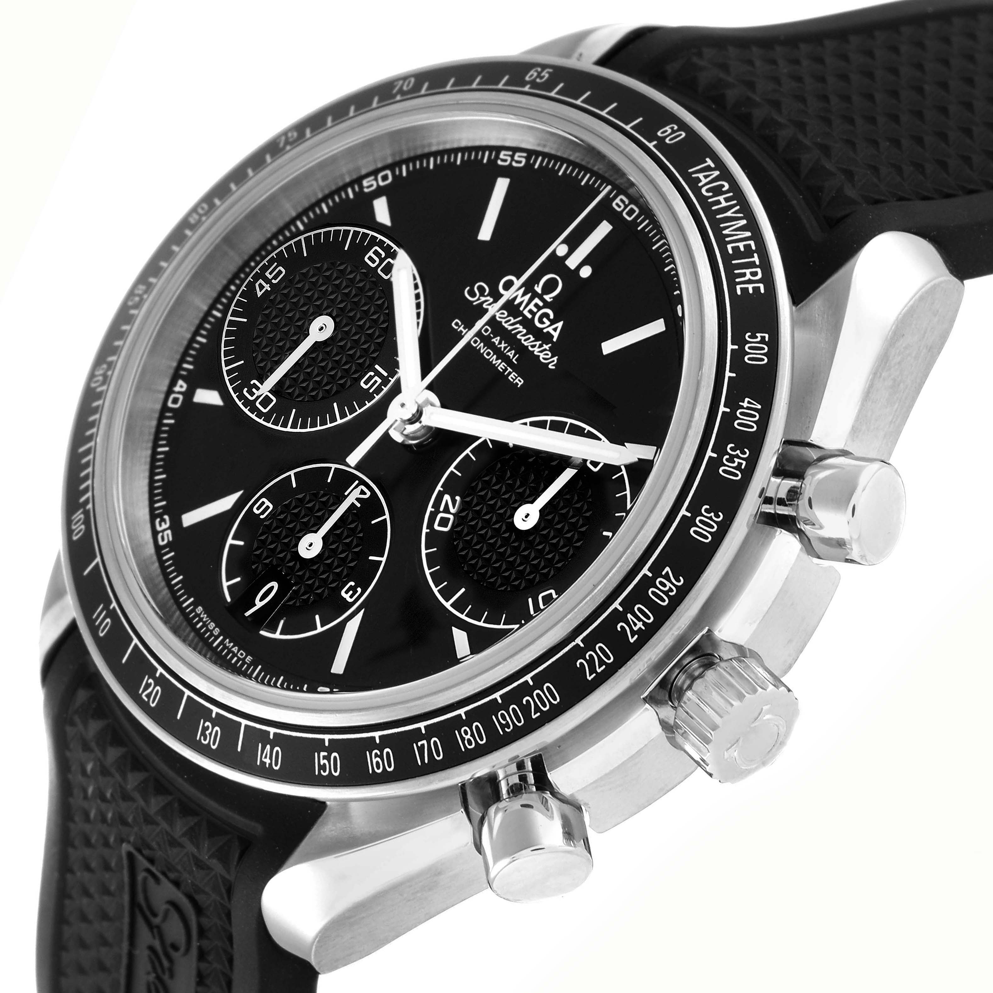 The Omega Speedmaster 326.32.40.50.01.001 Men
s Stainless Steel Black Dial 326.32.40.50.01.001 Men
s Stainless Steel Black Dial watch is shown at an angled side view, highlighting the dial, tachymeter bezel, and pushers.