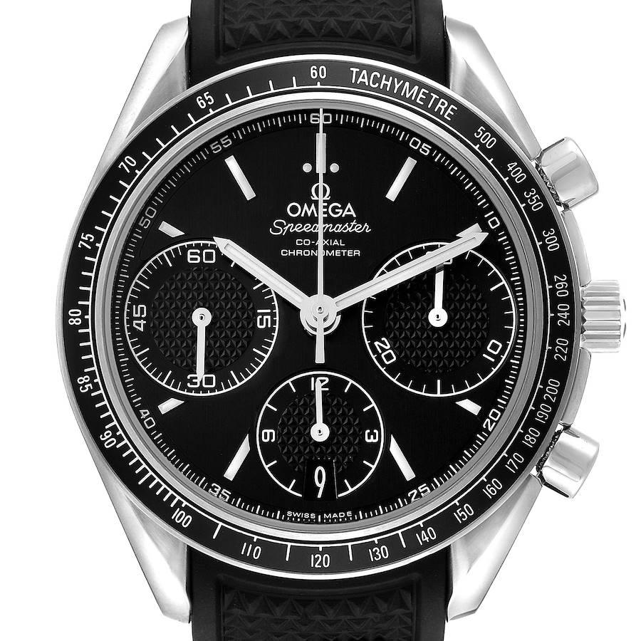 The Omega Speedmaster watch is shown from a front angle, highlighting the black dial, chronograph subdials, and tachymetric bezel.
