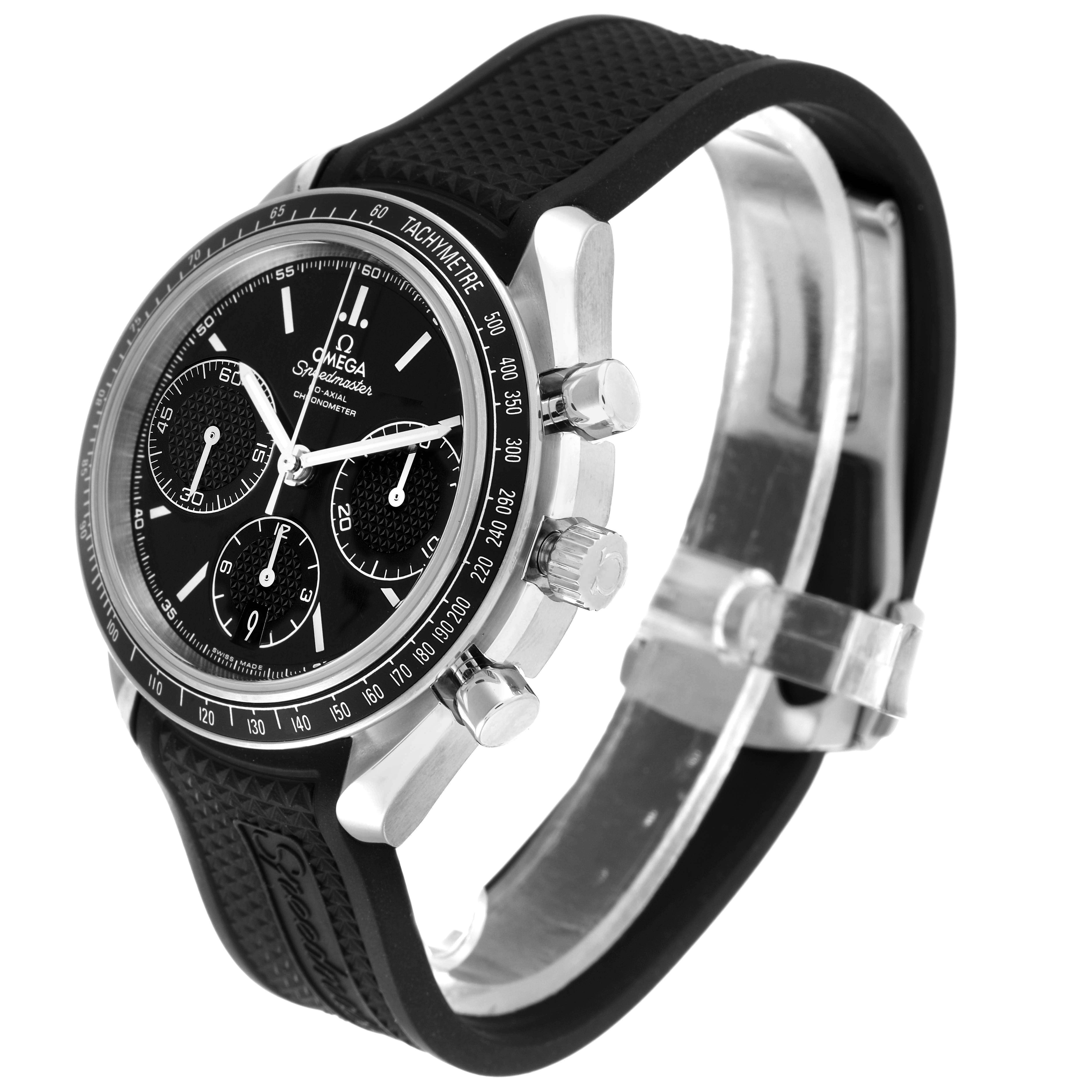 The Omega Speedmaster 326.32.40.50.01.001 Men
s Stainless Steel Black Dial 326.32.40.50.01.001 Men
s Stainless Steel Black Dial watch is shown at a three-quarter angle, highlighting the face, bezel, pushers, and black strap.