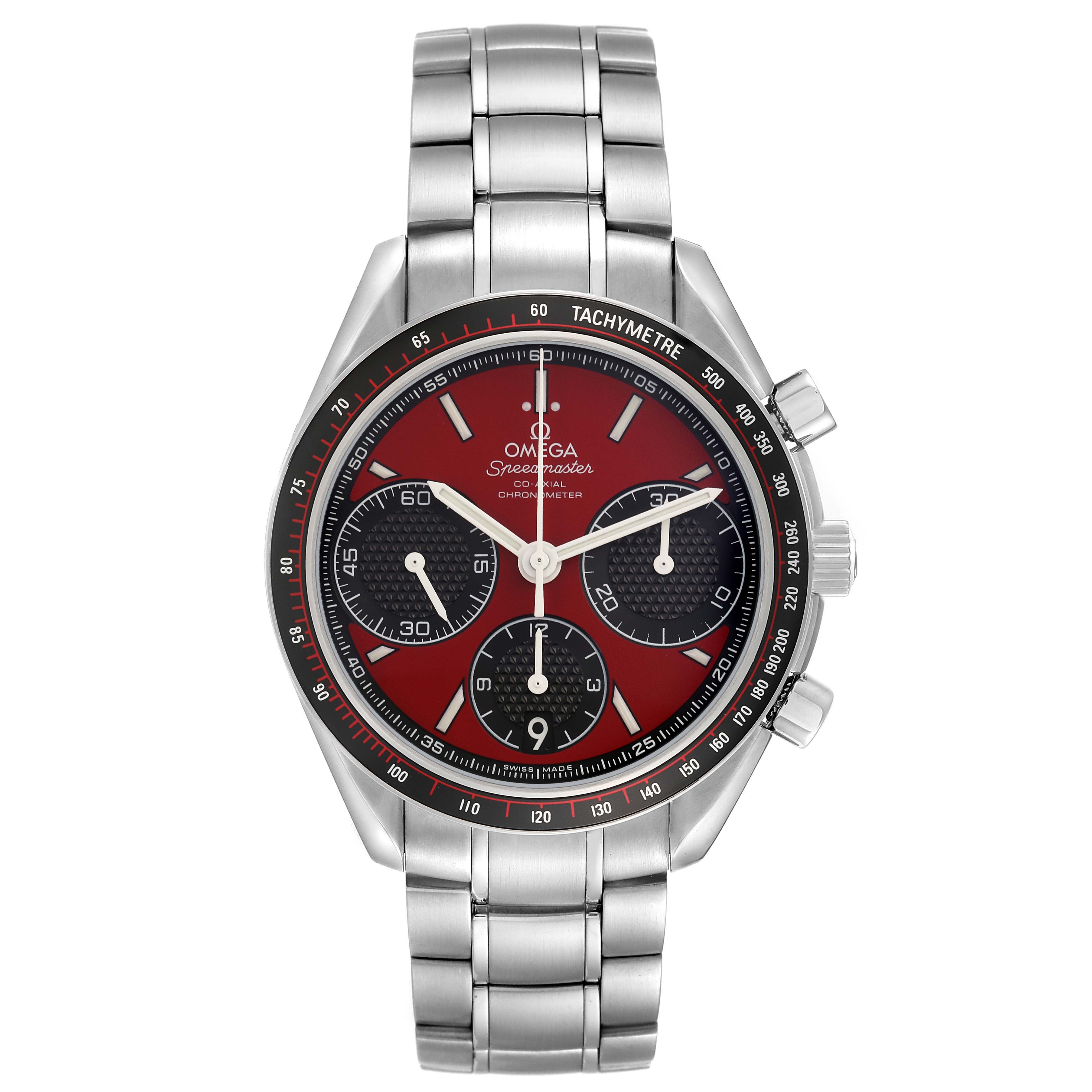 The Omega Speedmaster 326.30.40.50.11.001 Men's Stainless Steel Red Dial 326.30.40.50.11.001 Men's Stainless Steel Red Dial watch is shown from a frontal angle, highlighting its red dial, tachymeter bezel, and bracelet.