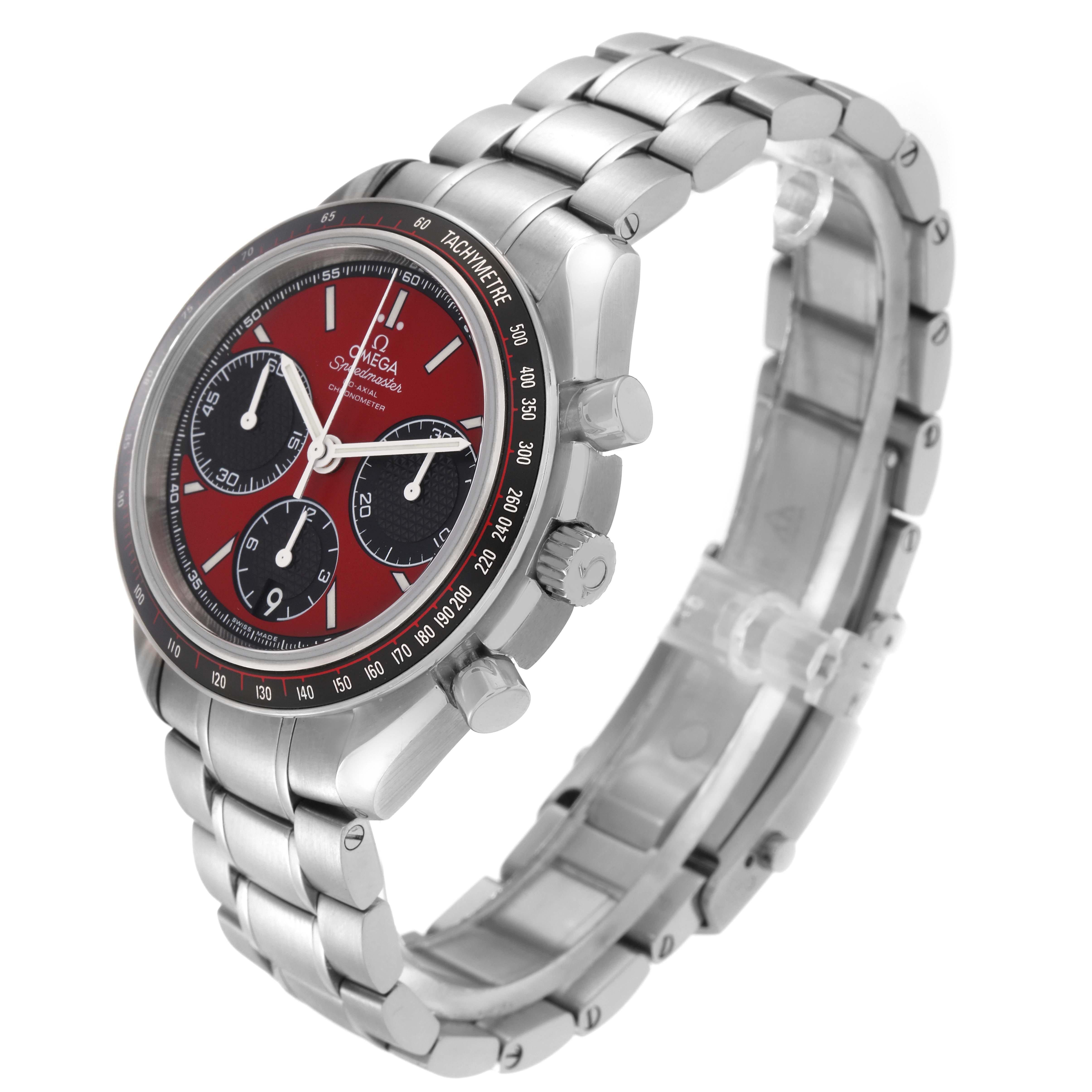 The Omega Speedmaster 326.30.40.50.11.001 Men's Stainless Steel Red Dial 326.30.40.50.11.001 Men's Stainless Steel Red Dial watch is shown at a three-quarter angle, highlighting the dial, bezel, and stainless steel bracelet.