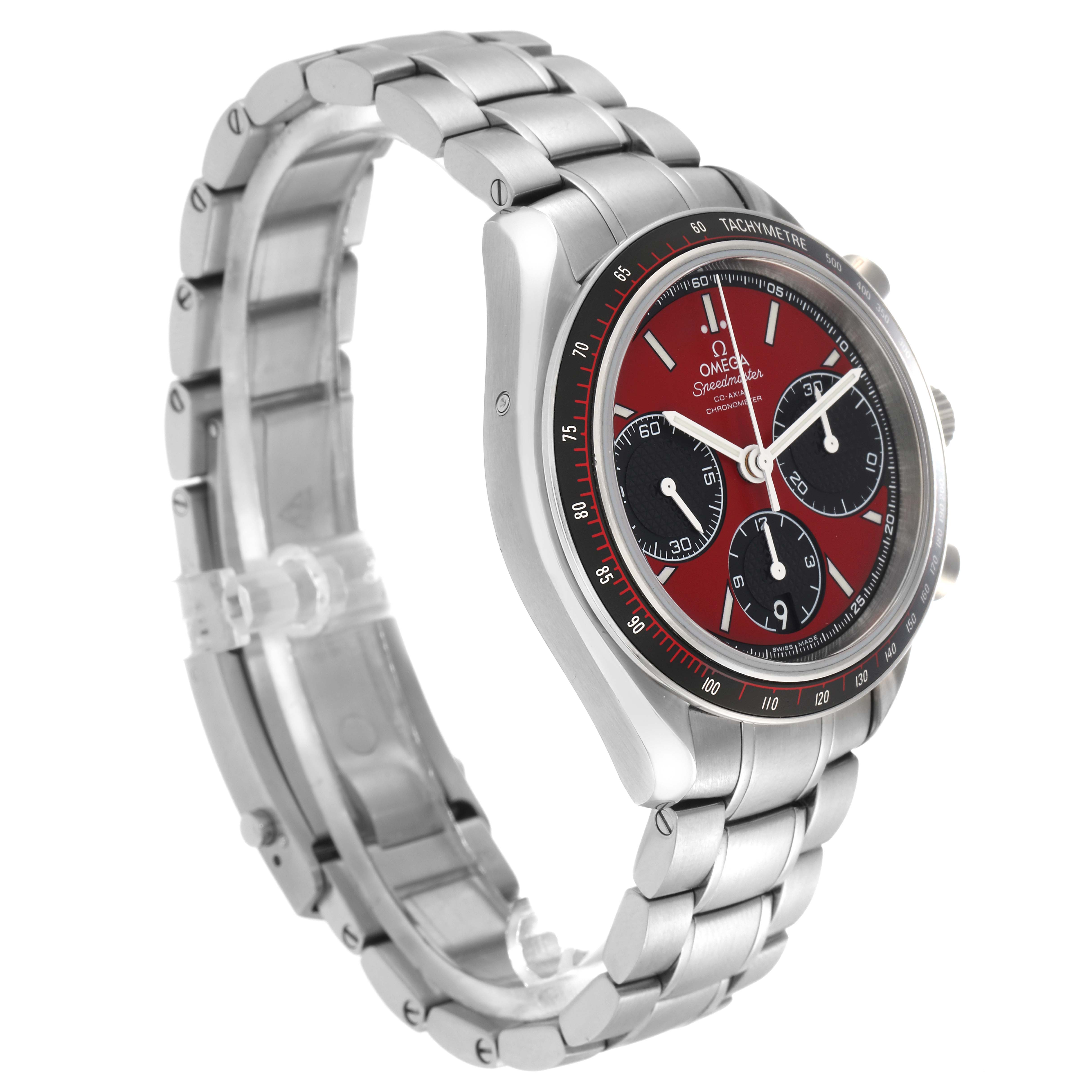 The Omega Speedmaster 326.30.40.50.11.001 Men's Stainless Steel Red Dial 326.30.40.50.11.001 Men's Stainless Steel Red Dial watch is shown at an angled side view, highlighting its stainless steel bracelet and red dial with subdials.