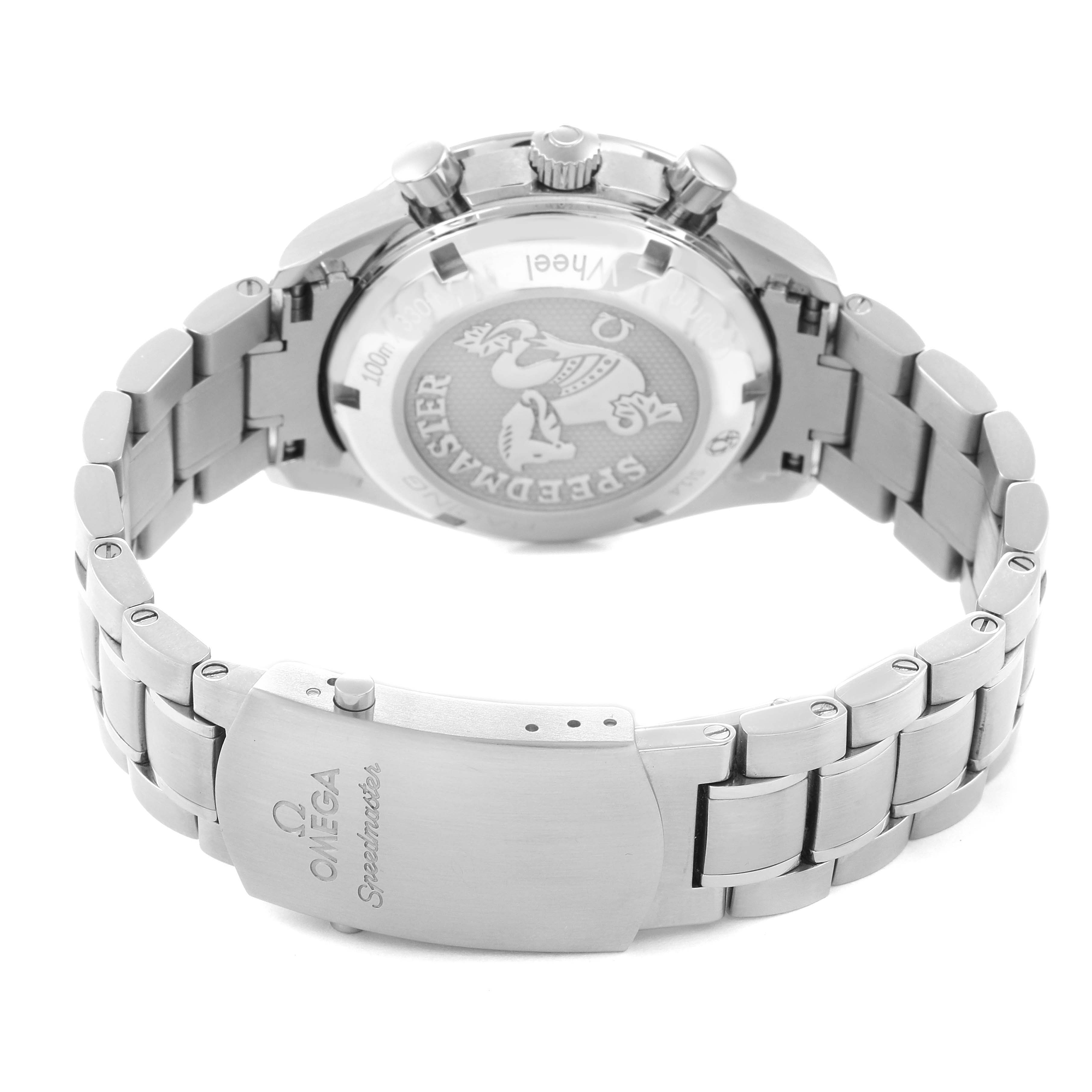 The Omega Speedmaster 326.30.40.50.11.001 Men's Stainless Steel Red Dial 326.30.40.50.11.001 Men's Stainless Steel Red Dial watch is shown from the back, displaying the case back with emblem, pushers, crown, and metal bracelet clasp.