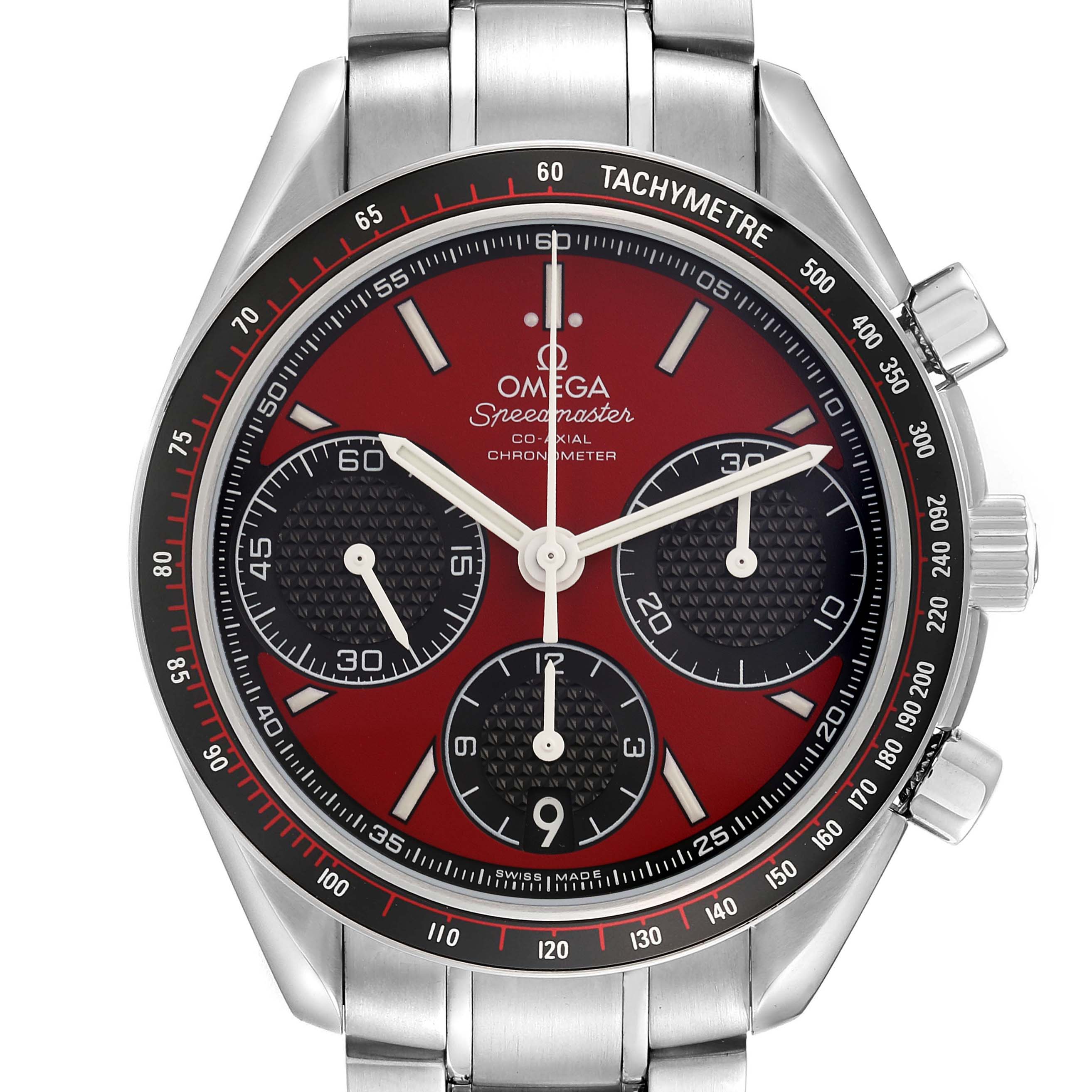 The Omega Speedmaster 326.30.40.50.11.001 Men's Stainless Steel Red Dial 326.30.40.50.11.001 Men's Stainless Steel Red Dial is shown from the front, displaying the red dial, tachymeter bezel, subdials, and stainless steel bracelet.