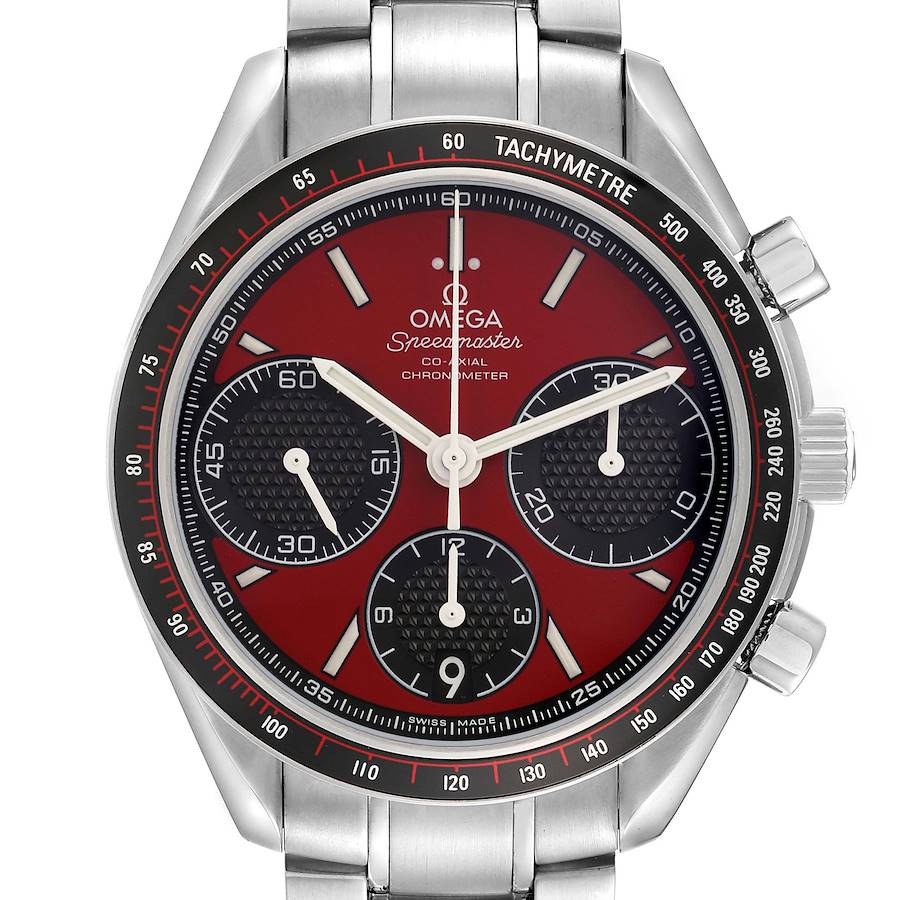 The Omega Speedmaster is shown from the front, displaying the red dial, tachymeter bezel, subdials, and stainless steel bracelet.