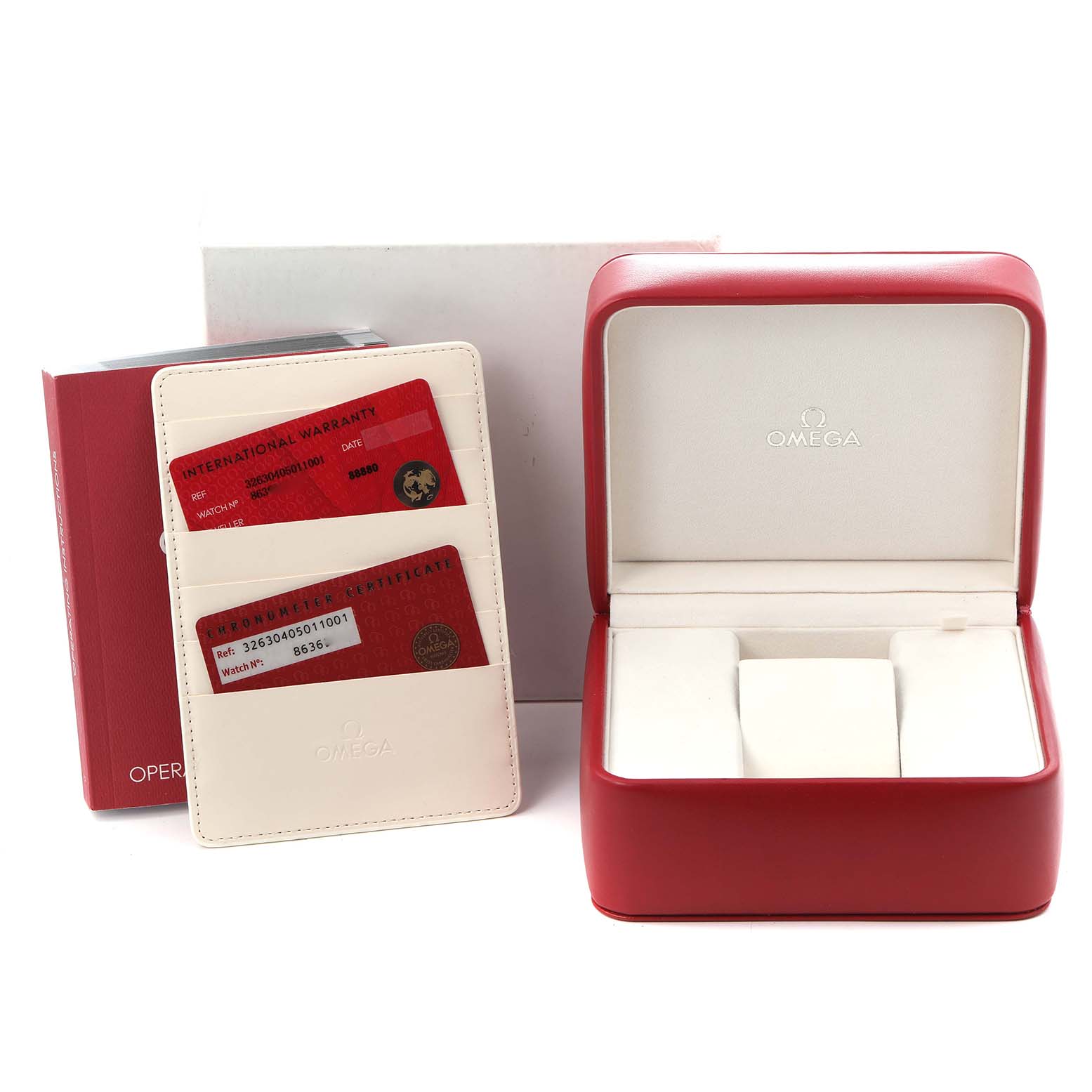 The image shows an Omega Speedmaster 326.30.40.50.11.001 Men's Stainless Steel Red Dial 326.30.40.50.11.001 Men's Stainless Steel Red Dial watch box, guarantee cards, and holder from a frontal angle.