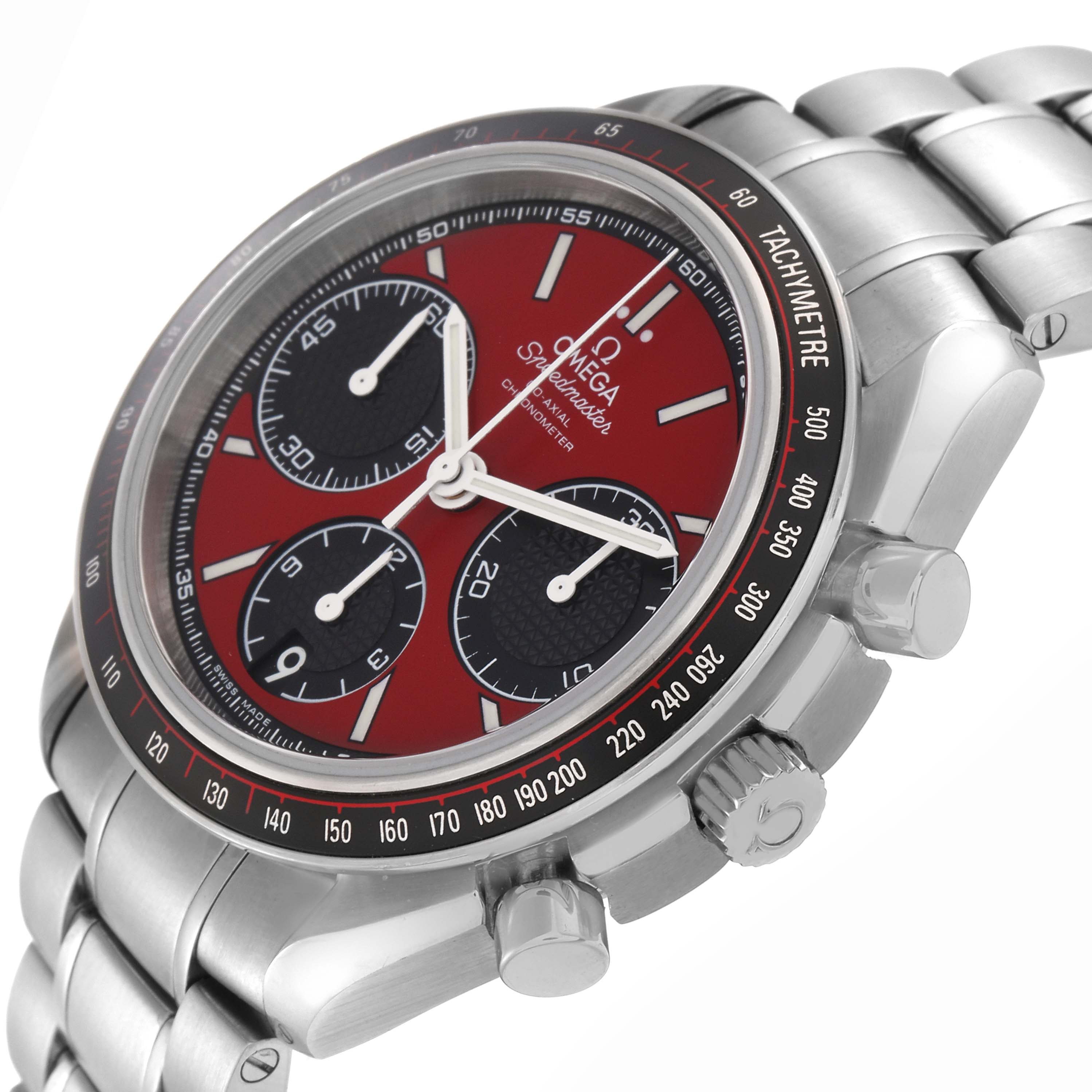 The Omega Speedmaster 326.30.40.50.11.001 Men's Stainless Steel Red Dial 326.30.40.50.11.001 Men's Stainless Steel Red Dial watch is shown at an angle highlighting the dial, bezel, crown, and stainless steel bracelet.