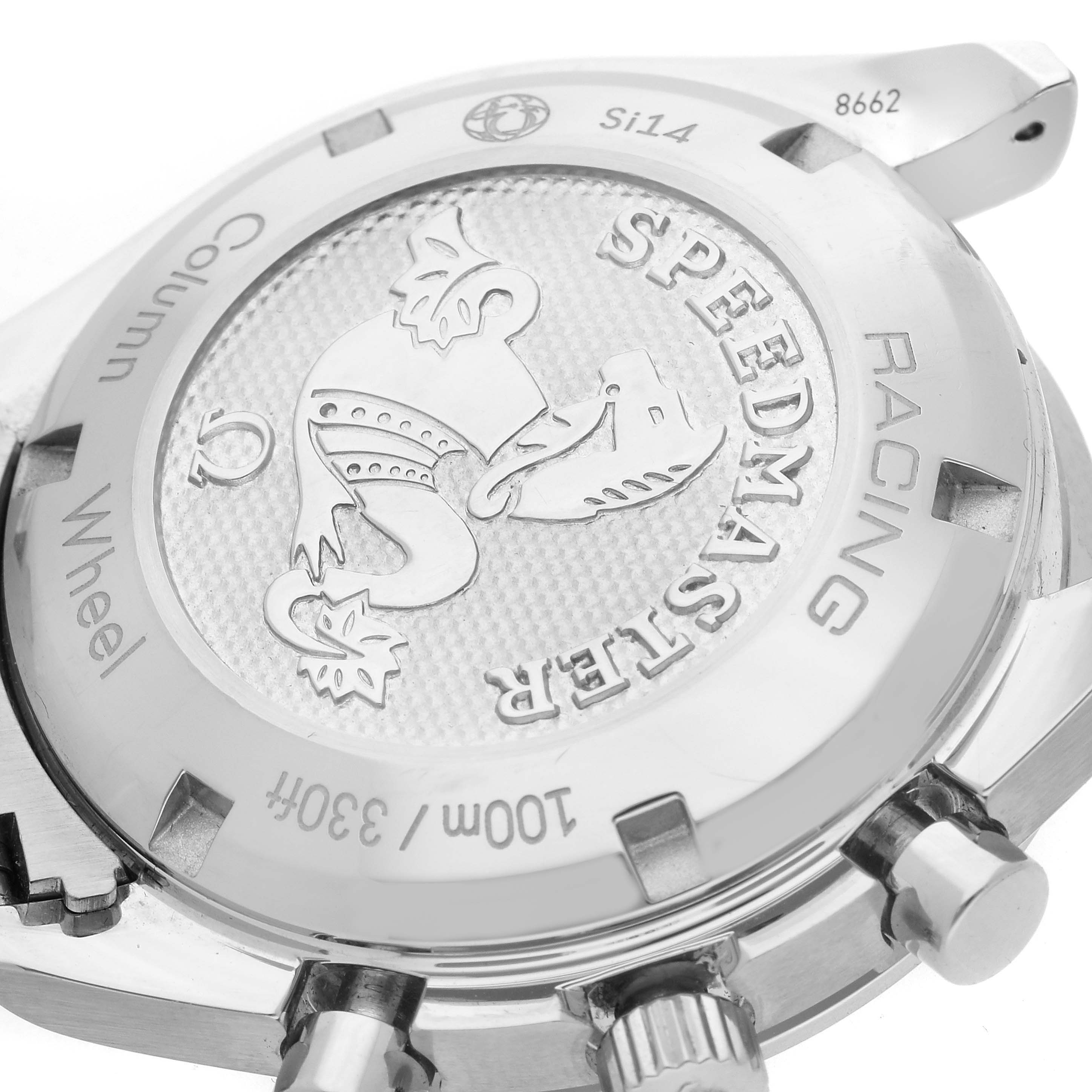 The image shows the back case of an Omega Speedmaster 326.30.40.50.01.001 Men's Stainless Steel Black Dial 326.30.40.50.01.001 Men's Stainless Steel Black Dial, featuring its engravings and pushers.