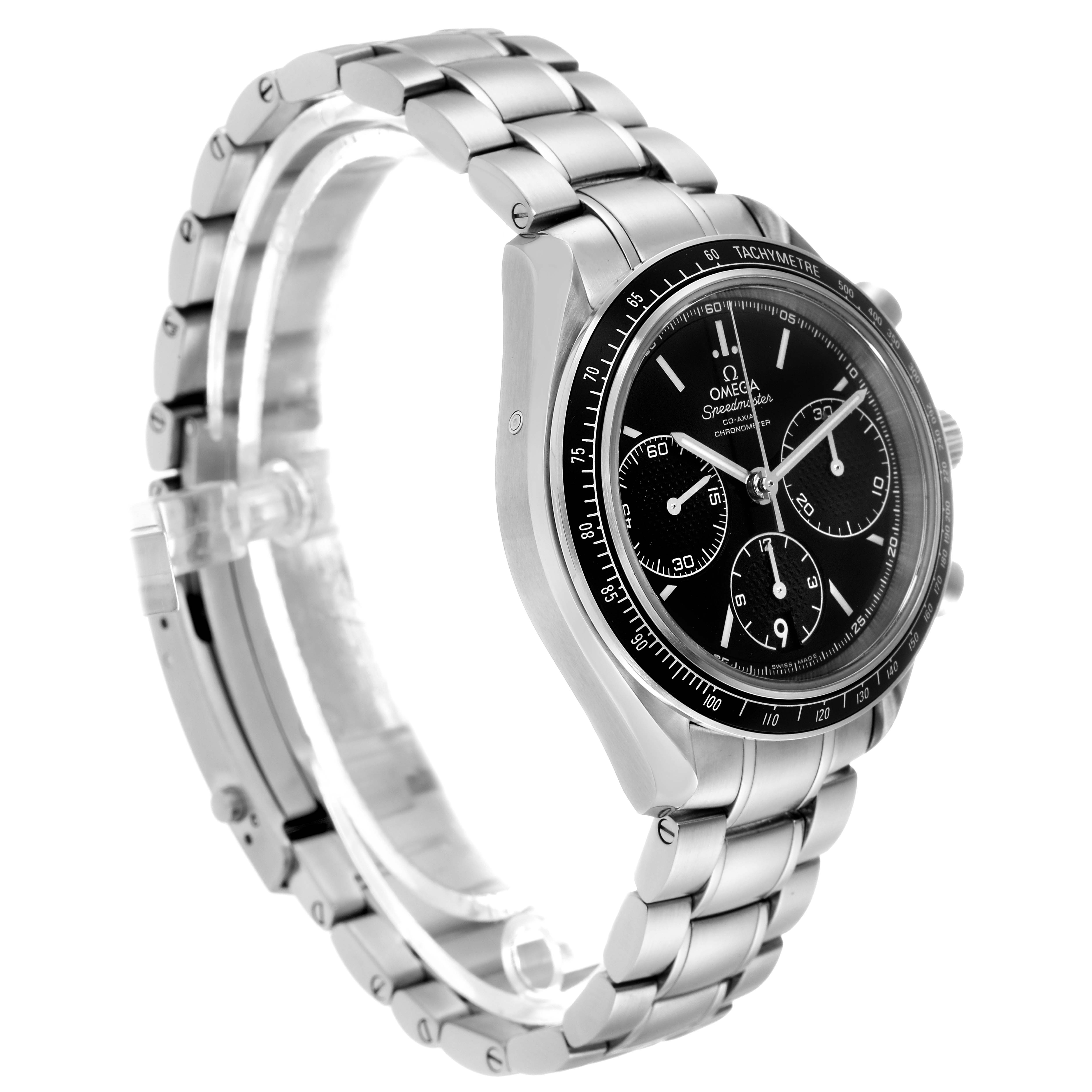 The Omega Speedmaster 326.30.40.50.01.001 Men's Stainless Steel Black Dial 326.30.40.50.01.001 Men's Stainless Steel Black Dial watch is shown at a three-quarter angle, highlighting the bracelet, bezel, and dial.