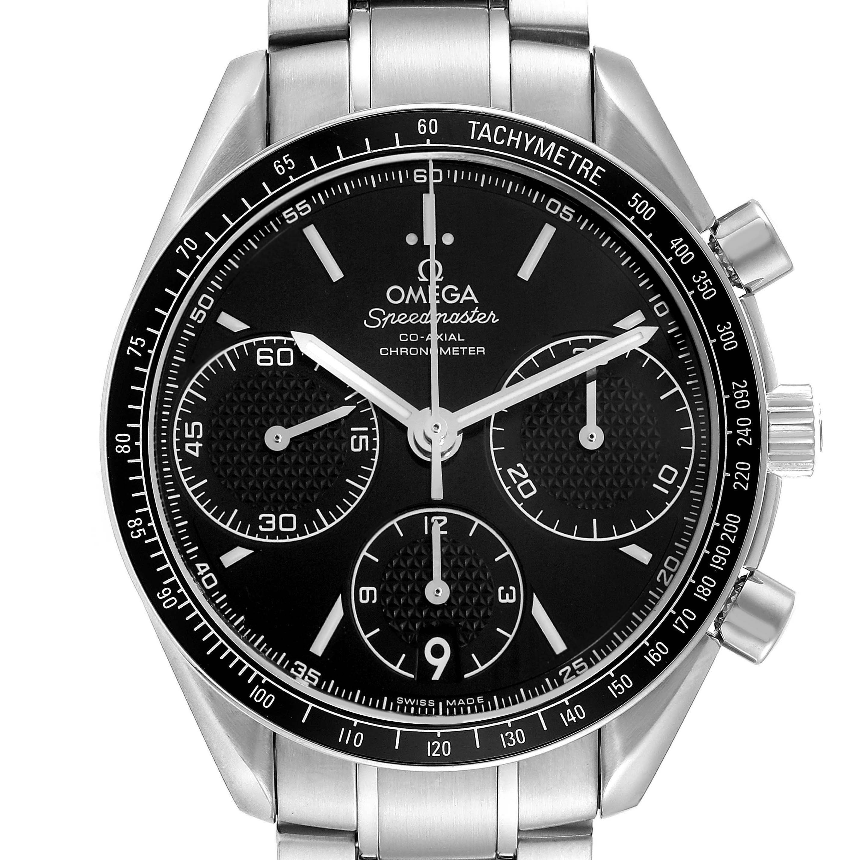 The Omega Speedmaster 326.30.40.50.01.001 Men's Stainless Steel Black Dial 326.30.40.50.01.001 Men's Stainless Steel Black Dial watch is shown from a front angle, displaying its face, bezel, and part of the bracelet.