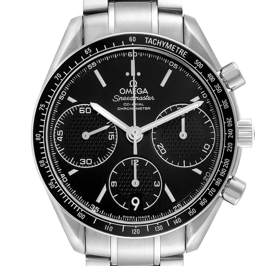 The Omega Speedmaster watch is shown from a front angle, displaying its face, bezel, and part of the bracelet.