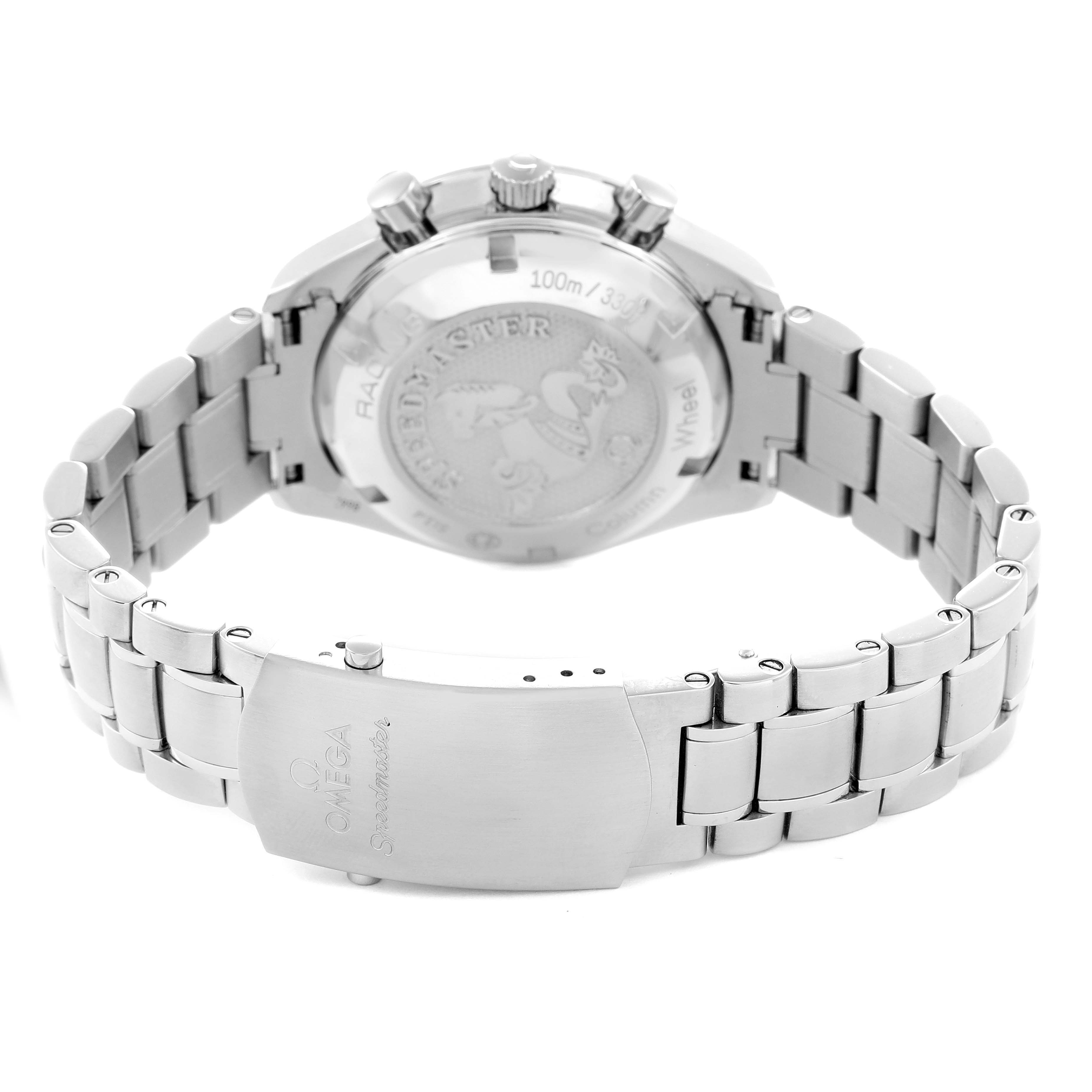 The image shows the back and clasp of an Omega Speedmaster 326.30.40.50.01.001 Men's Stainless Steel Black Dial 326.30.40.50.01.001 Men's Stainless Steel Black Dial watch, highlighting the bracelet and engraved case back.