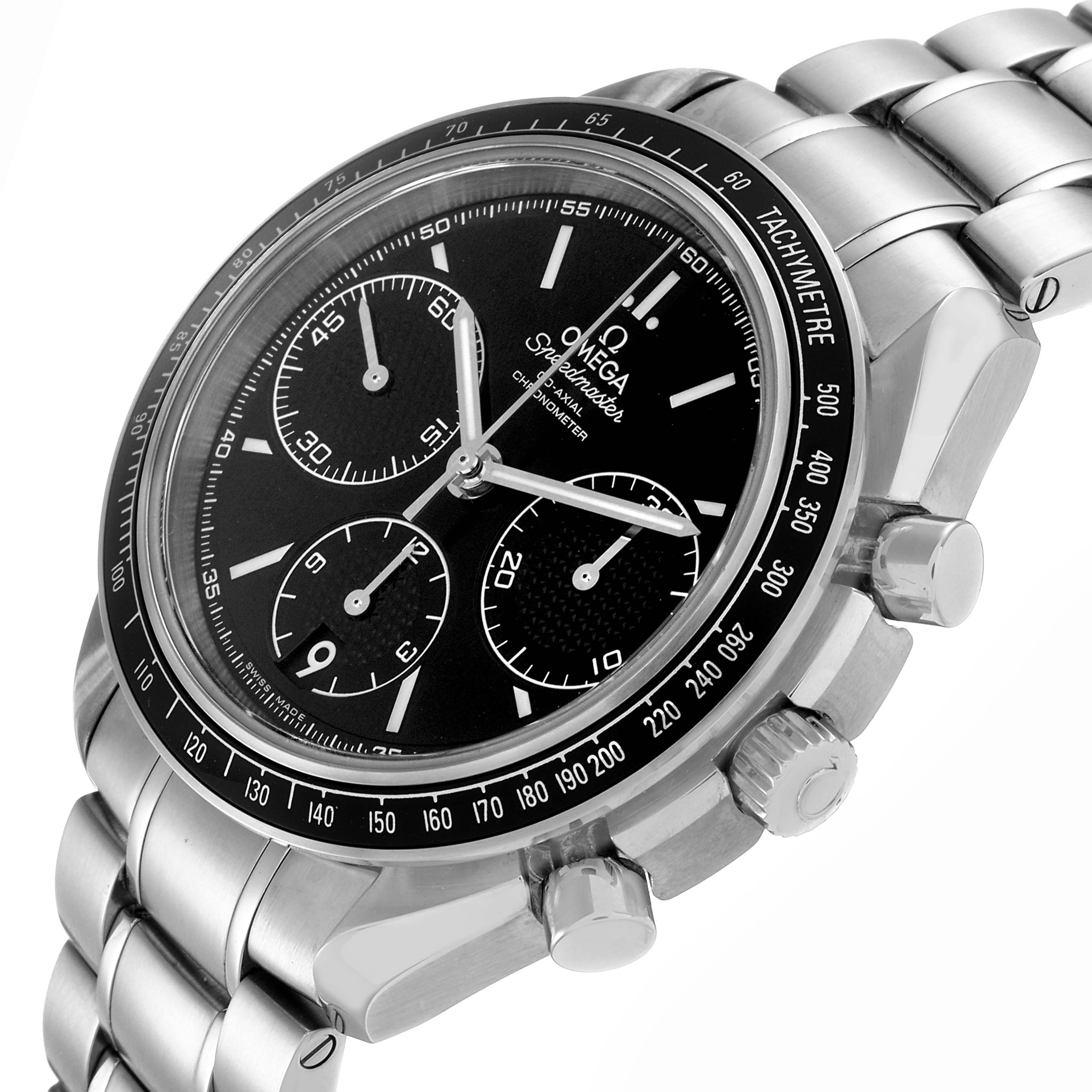 The Omega Speedmaster 326.30.40.50.01.001 Men's Stainless Steel Black Dial 326.30.40.50.01.001 Men's Stainless Steel Black Dial watch is shown in a close-up, angled to highlight the dial, bezel, crown, and metal bracelet.