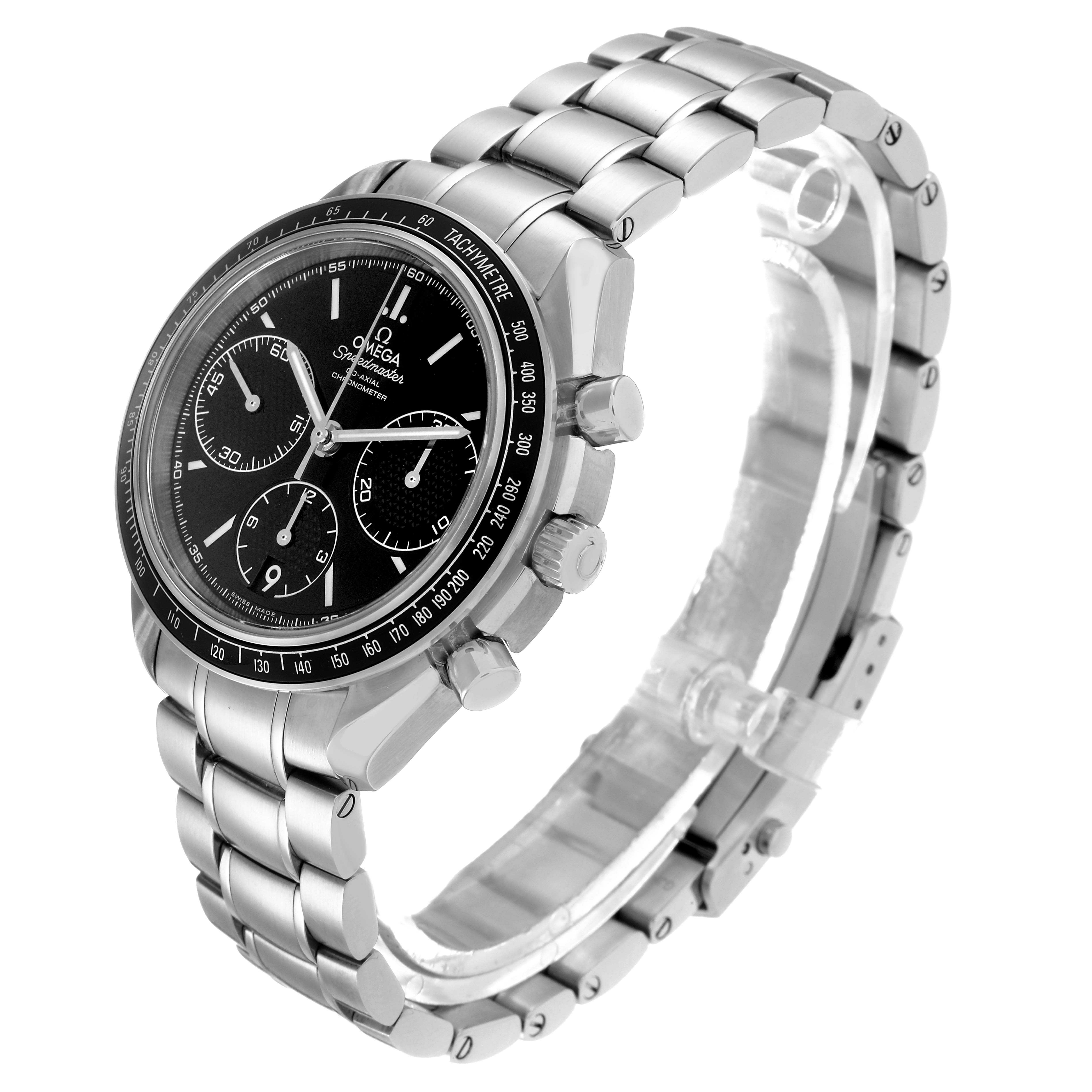 The Omega Speedmaster 326.30.40.50.01.001 Men's Stainless Steel Black Dial 326.30.40.50.01.001 Men's Stainless Steel Black Dial watch is shown from a three-quarter angle, highlighting the bracelet, bezel, and chronograph pushers.