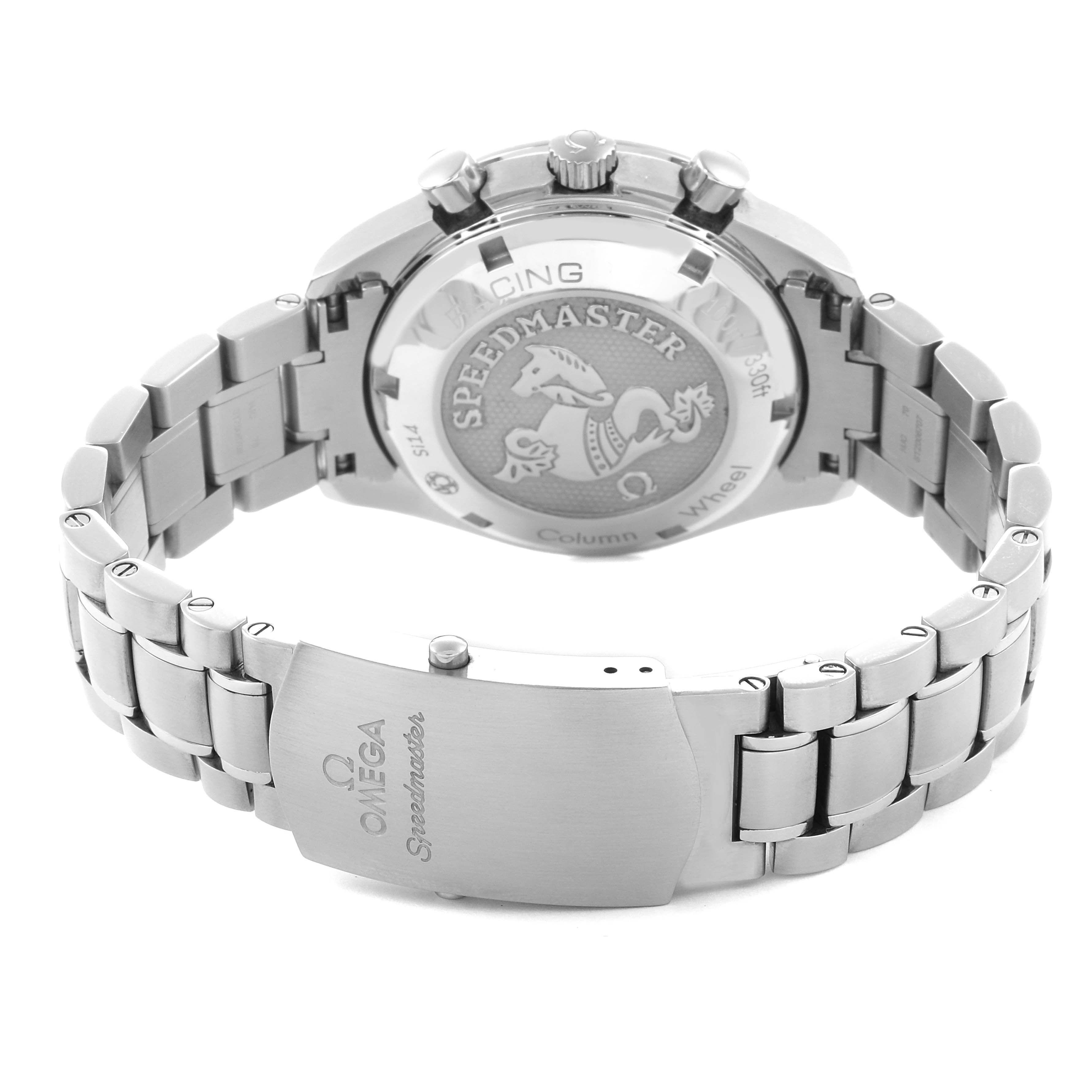 The image shows the back case and bracelet of the Omega Speedmaster 326.30.40.50.01.001 Men's Stainless Steel Black Dial 326.30.40.50.01.001 Men's Stainless Steel Black Dial, highlighting the clasp and engraved details.