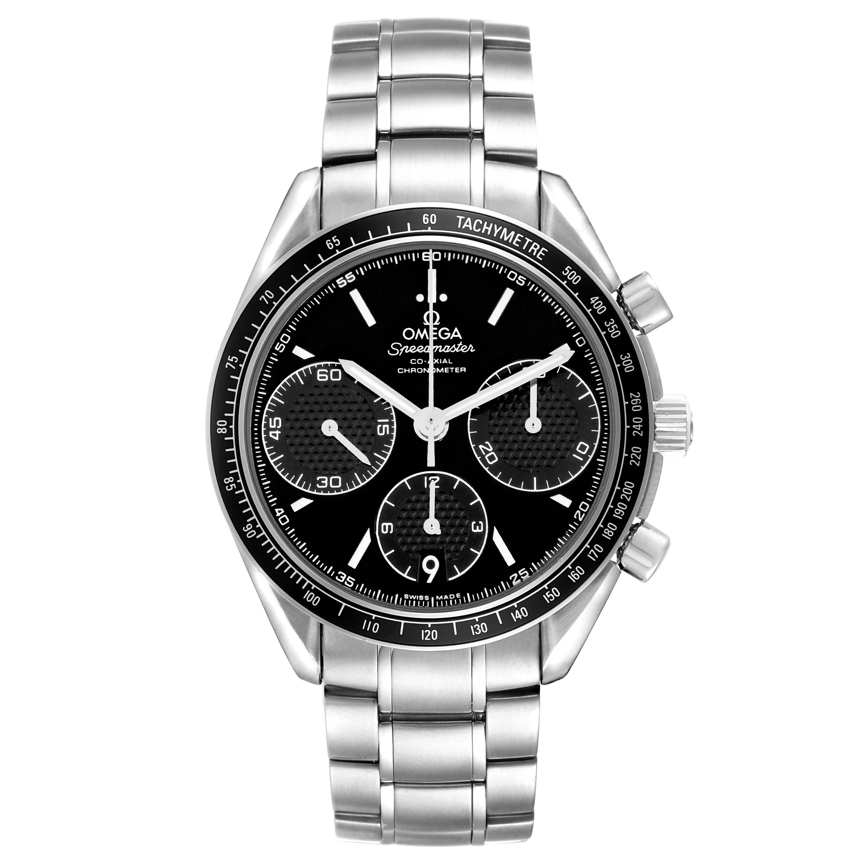 The Omega Speedmaster 326.30.40.50.01.001 Men's Stainless Steel Black Dial 326.30.40.50.01.001 Men's Stainless Steel Black Dial watch is shown from a front angle, displaying the dial, bezel, and metal bracelet.