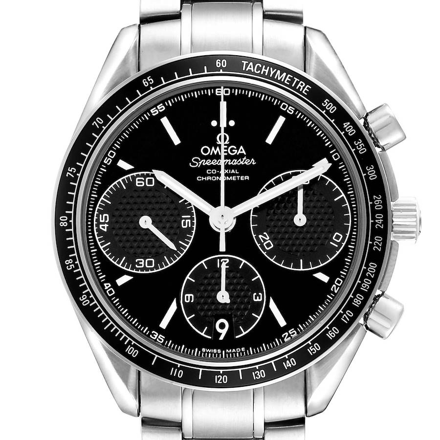 The Omega Speedmaster watch is shown from the front, displaying the face, tachymeter bezel, pushers, and part of the bracelet.