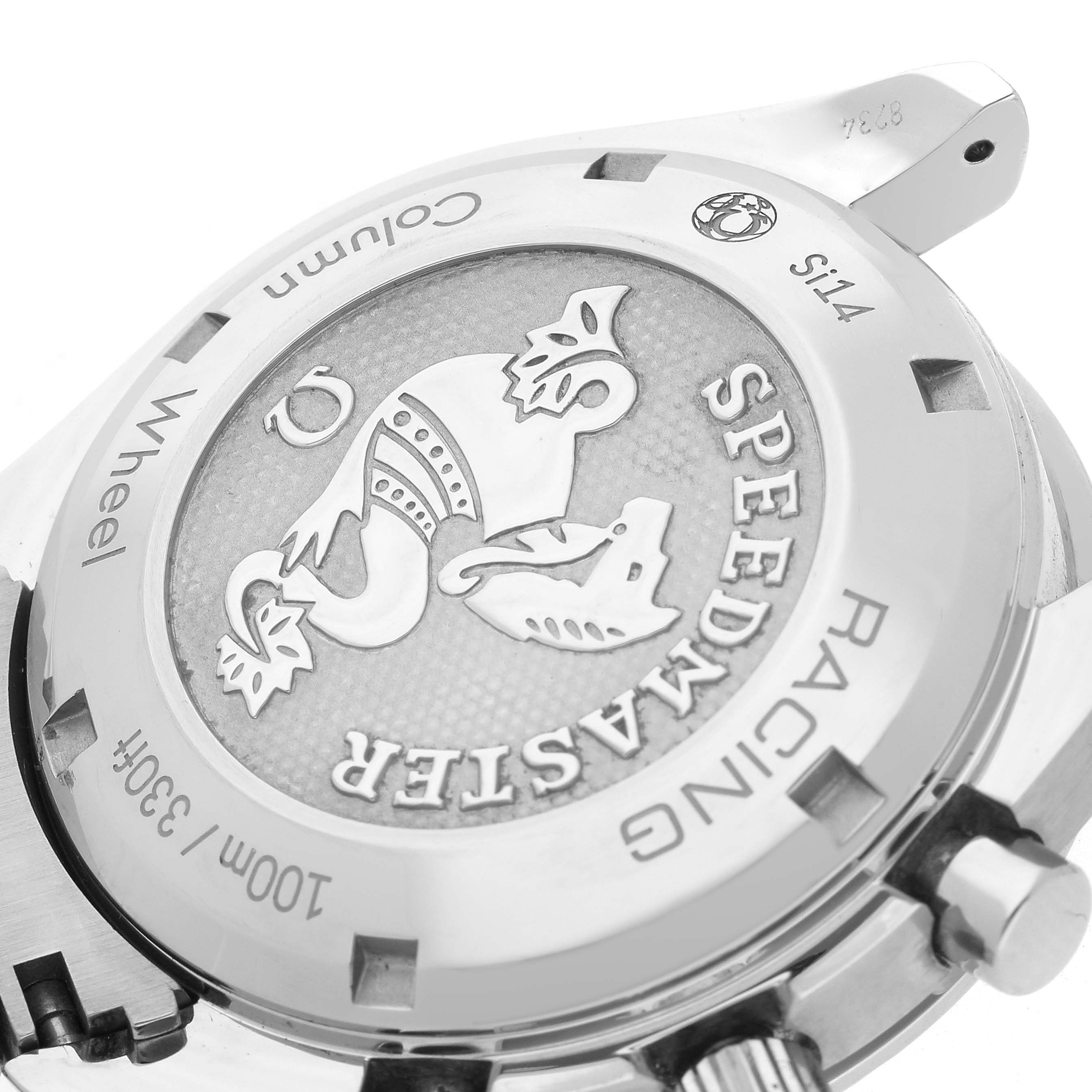 The image shows the case back of an Omega Speedmaster 326.30.40.50.01.001 Men's Stainless Steel Black Dial 326.30.40.50.01.001 Men's Stainless Steel Black Dial, featuring engraved text and a seahorse emblem.