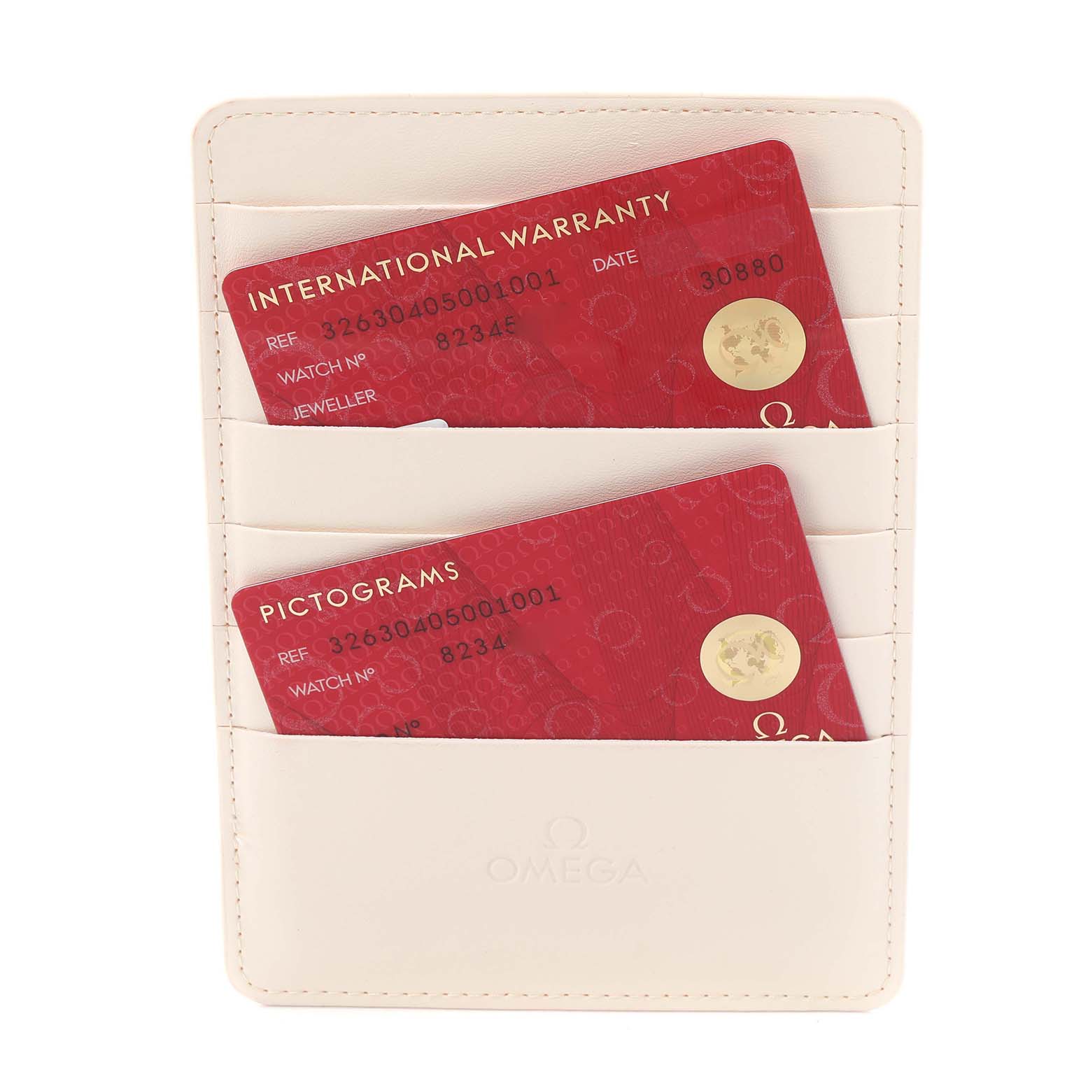 This image shows warranty and pictogram cards in a leather holder for the Omega Speedmaster 326.30.40.50.01.001 Men's Stainless Steel Black Dial 326.30.40.50.01.001 Men's Stainless Steel Black Dial.