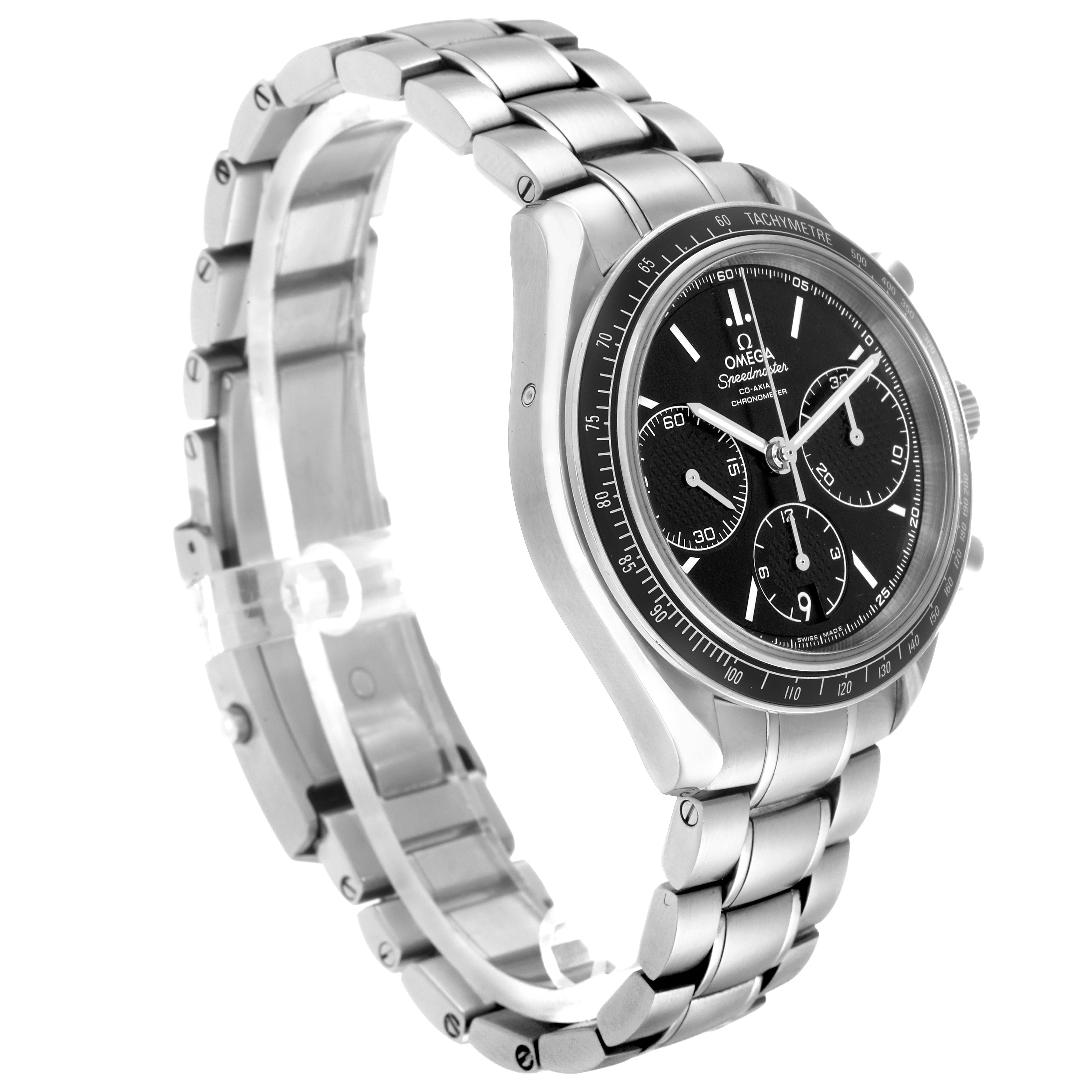 The Omega Speedmaster 326.30.40.50.01.001 Men's Stainless Steel Black Dial 326.30.40.50.01.001 Men's Stainless Steel Black Dial watch is shown at a three-quarter angle, highlighting the bracelet and dial.