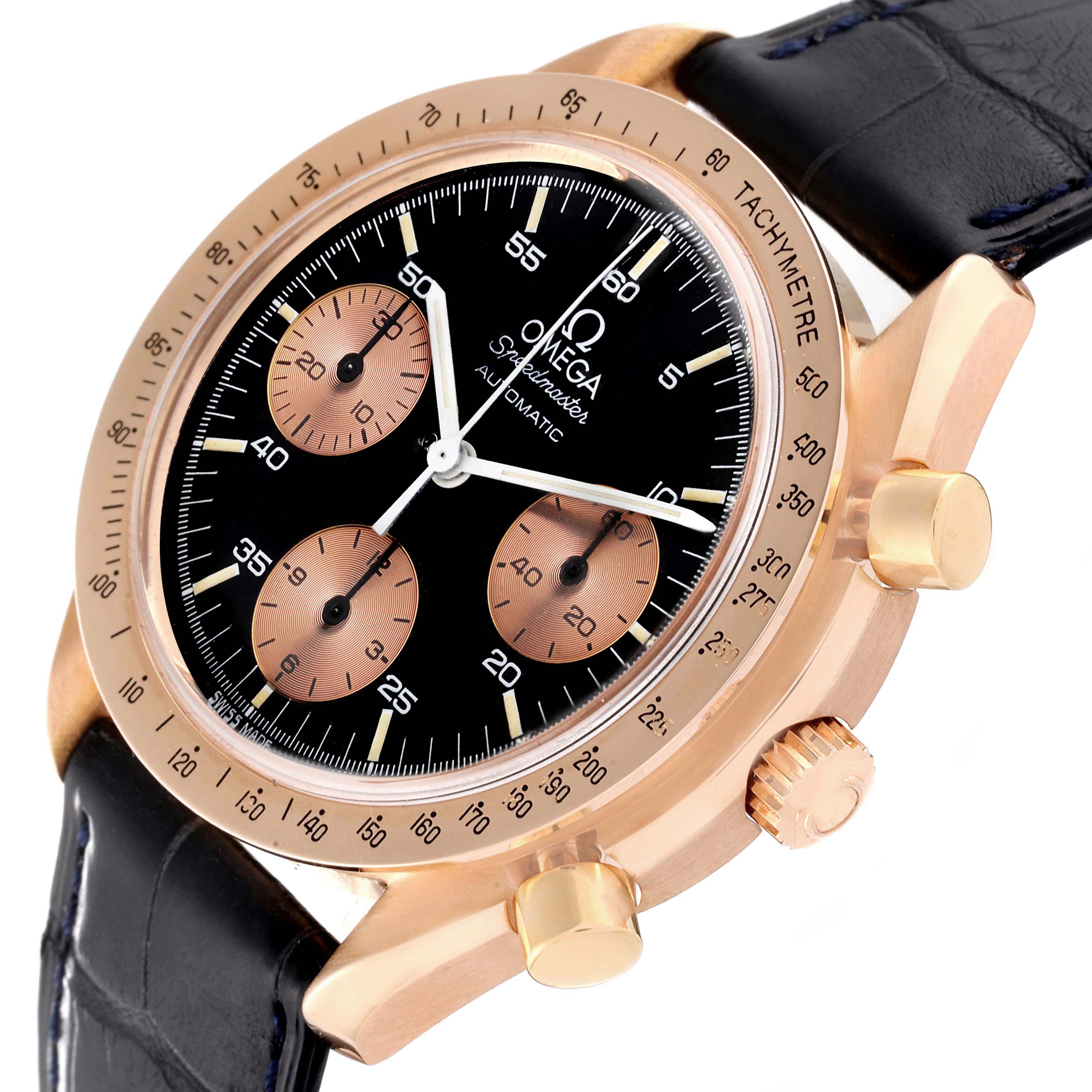 The Omega Speedmaster 175.0033 Men's Rose Gold Black Dial 175.0033 Men's Rose Gold Black Dial watch is shown at a slight angle, highlighting the face, bezel, crown, and pushers.