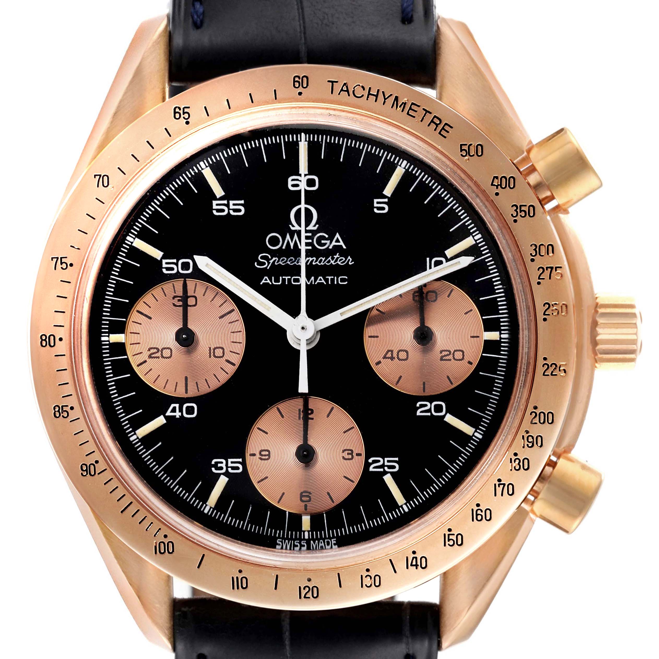 The image shows a front view of an Omega Speedmaster 175.0033 Men's Rose Gold Black Dial 175.0033 Men's Rose Gold Black Dial watch, highlighting its dial, bezel, subdials, and crown.
