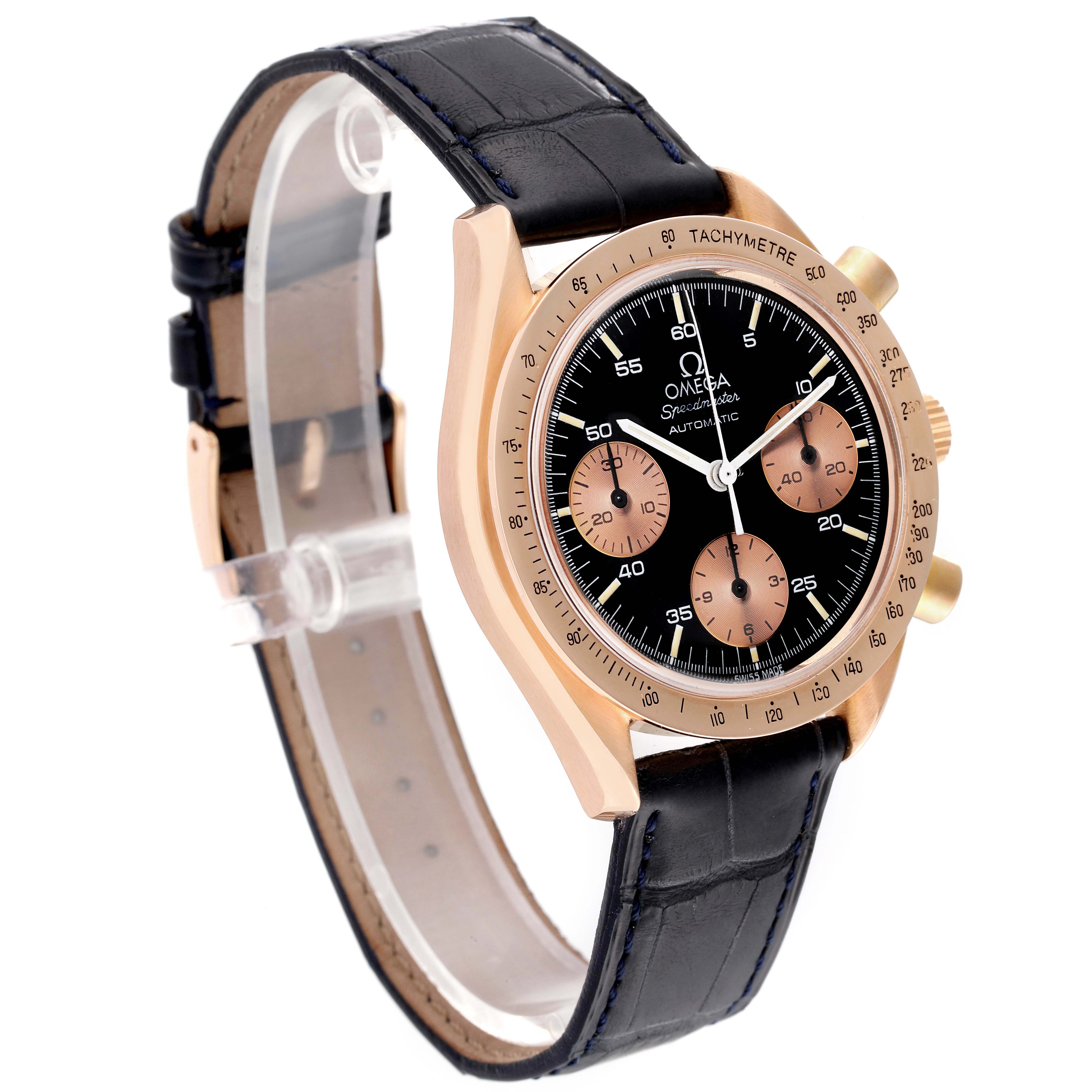 The image shows an Omega Speedmaster 175.0033 Men's Rose Gold Black Dial 175.0033 Men's Rose Gold Black Dial watch from a side angle, highlighting its black strap, black dial, rose gold case, and chronograph subdials.