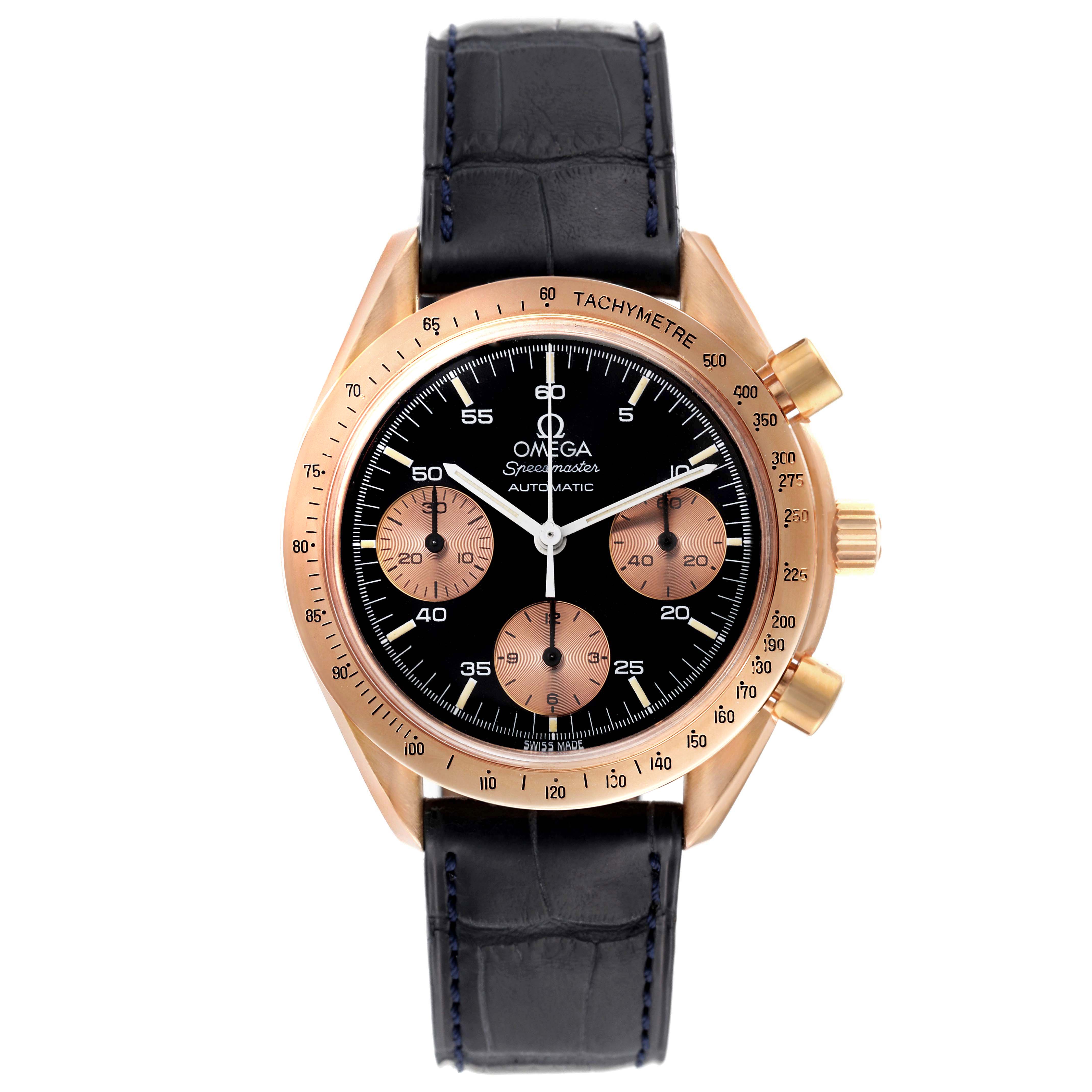 The Omega Speedmaster 175.0033 Men's Rose Gold Black Dial 175.0033 Men's Rose Gold Black Dial watch is shown from a front angle, highlighting its black dial, four subdials, gold case, and black leather strap.