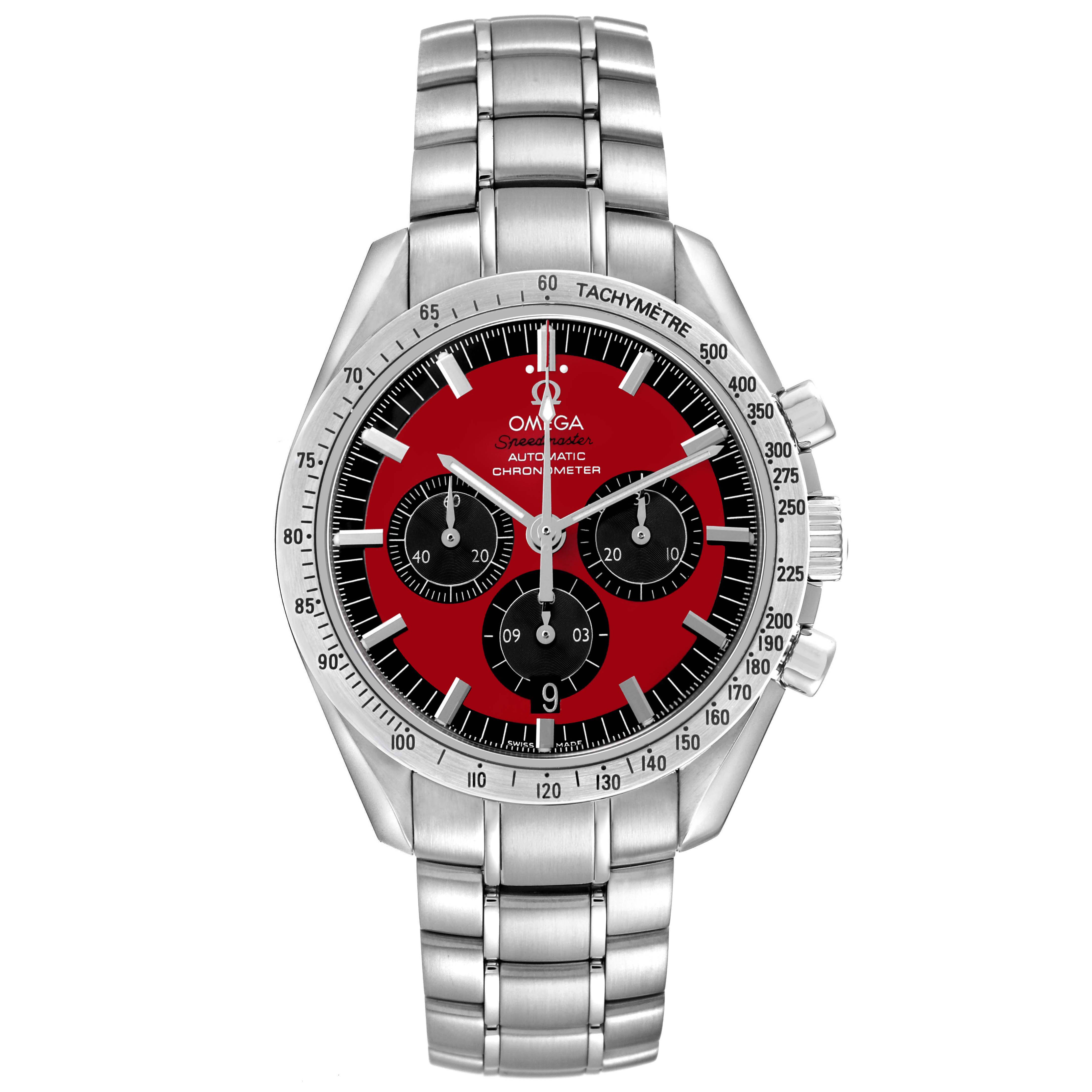 The Omega Speedmaster 3506.61.00 Men's Stainless Steel Red Dial watch is shown from the front, displaying the dial, tachymeter, and bracelet.