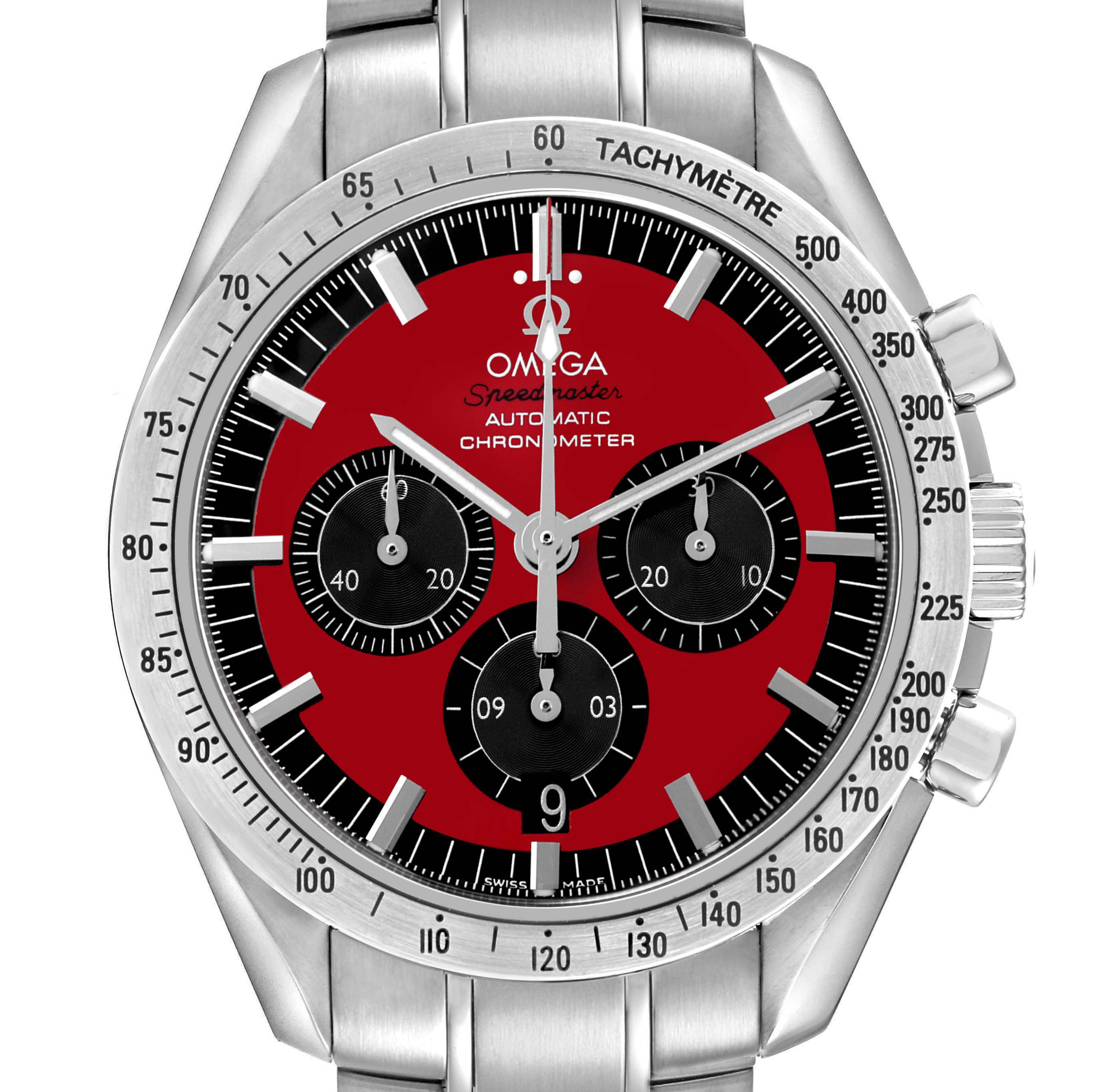 The Omega Speedmaster 3506.61.00 Men's Stainless Steel Red Dial watch is shown from the front, highlighting the red dial, subdials, and tachymeter bezel.