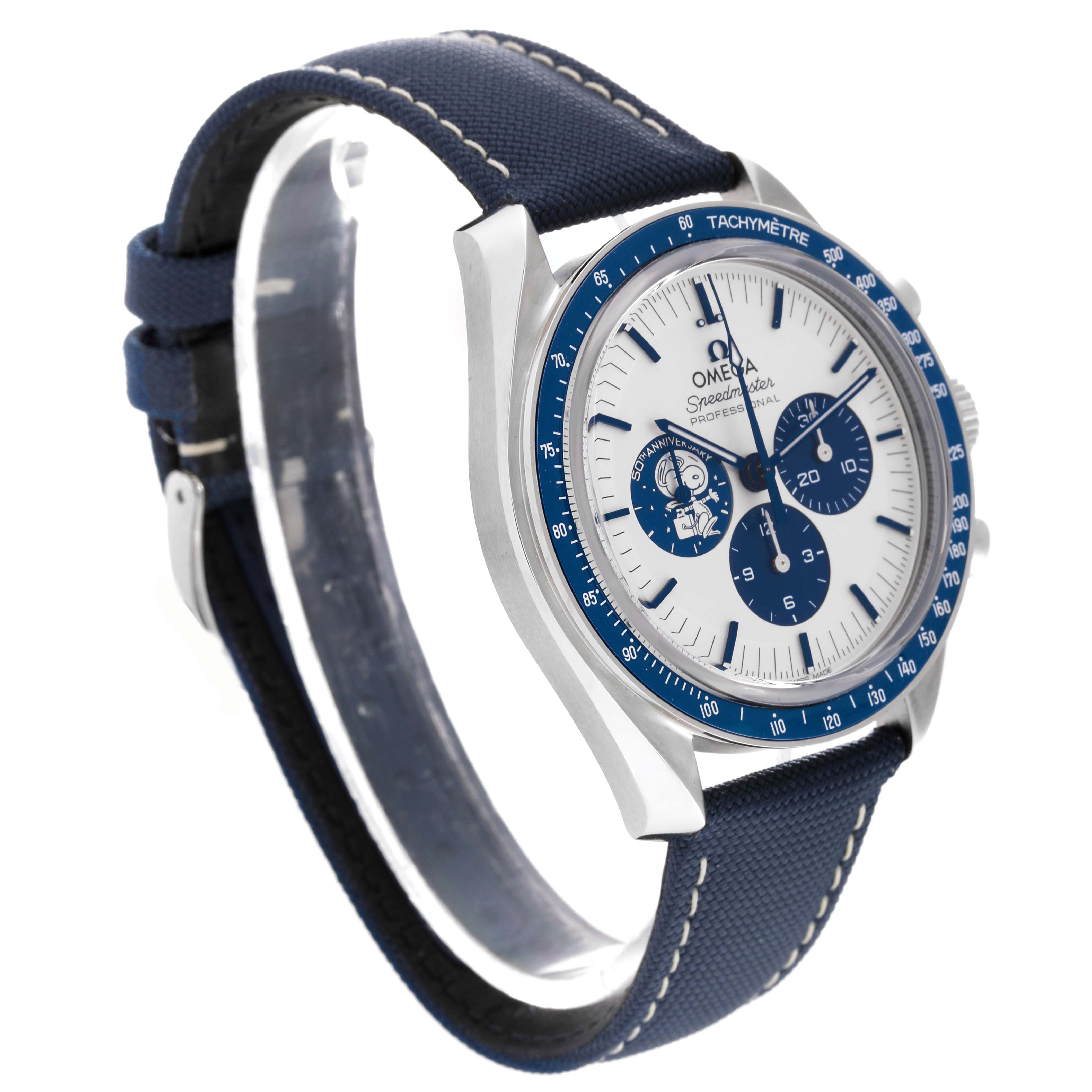 The Omega Speedmaster 310.32.42.50.02.001 Men's Stainless Steel Silver Dial 310.32.42.50.02.001 Men's Stainless Steel Silver Dial watch is shown at a side angle, highlighting the blue bezel, subdials, and blue strap.