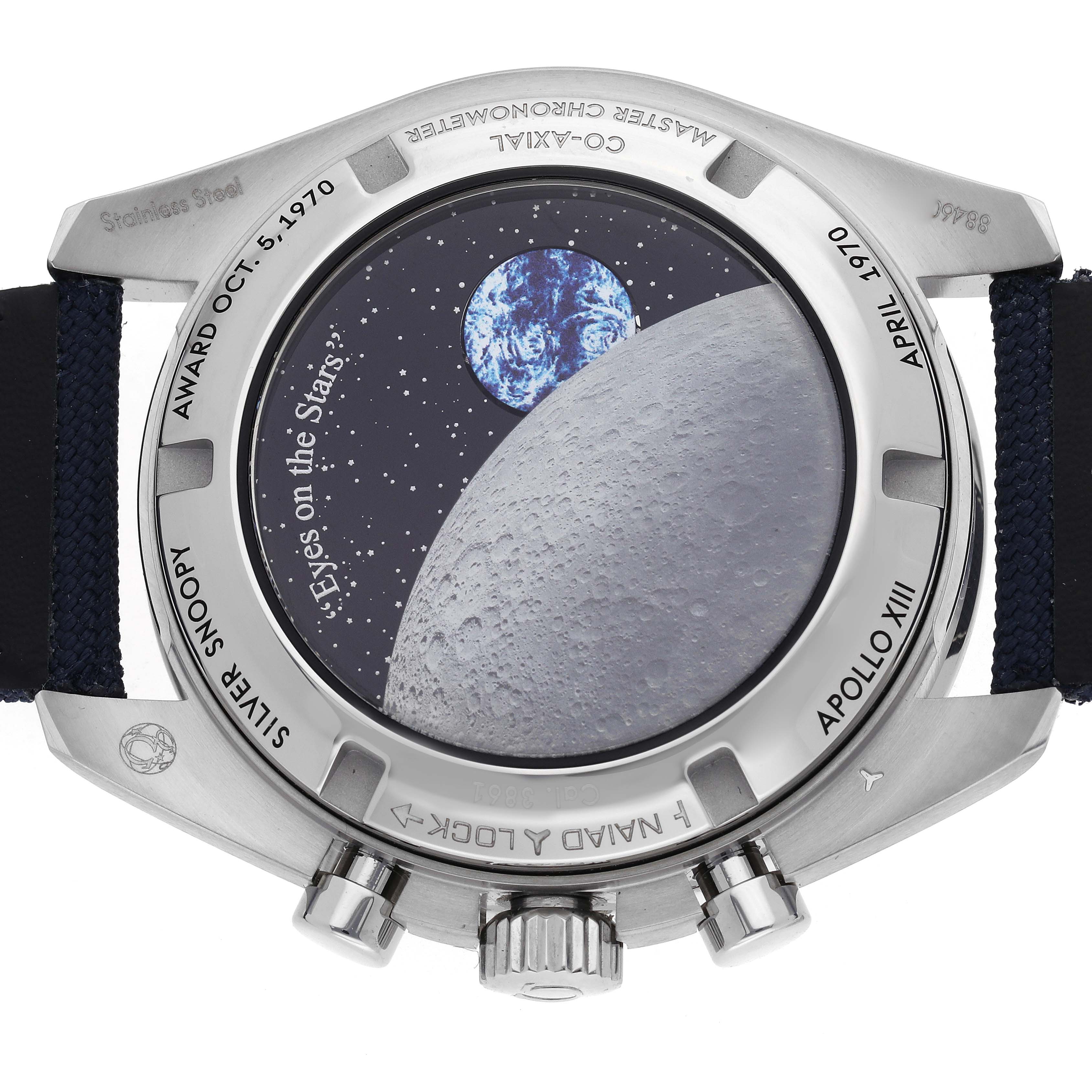 The image shows the case back of the Omega Speedmaster 310.32.42.50.02.001 Men's Stainless Steel Silver Dial 310.32.42.50.02.001 Men's Stainless Steel Silver Dial, featuring an engraving of Earth and the Moon with text.