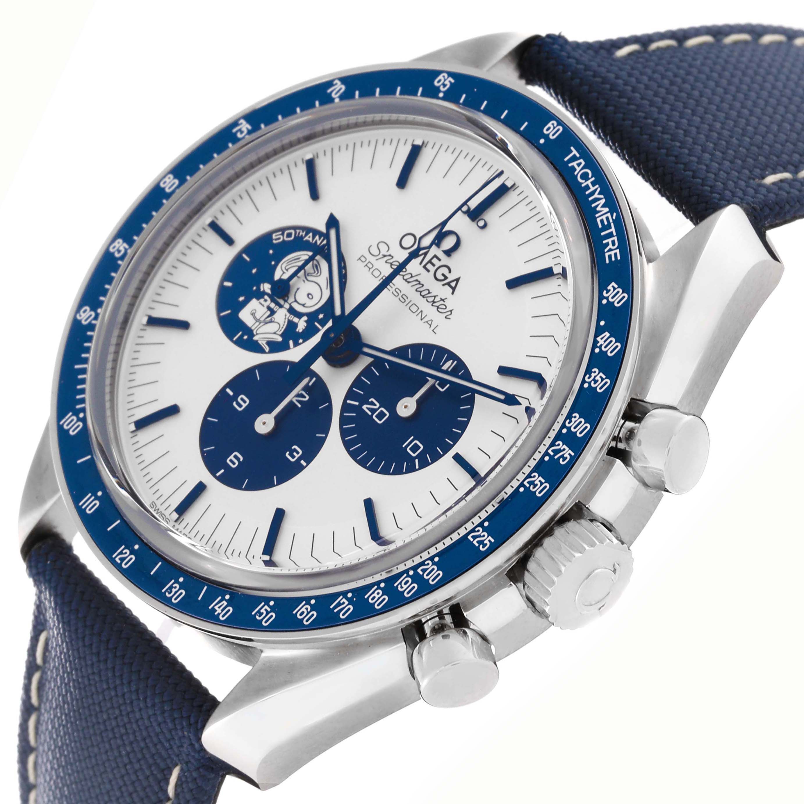 The Omega Speedmaster 310.32.42.50.02.001 Men's Stainless Steel Silver Dial 310.32.42.50.02.001 Men's Stainless Steel Silver Dial watch is shown at an angled side view, highlighting the dial, bezel, crown, pushers, and strap.