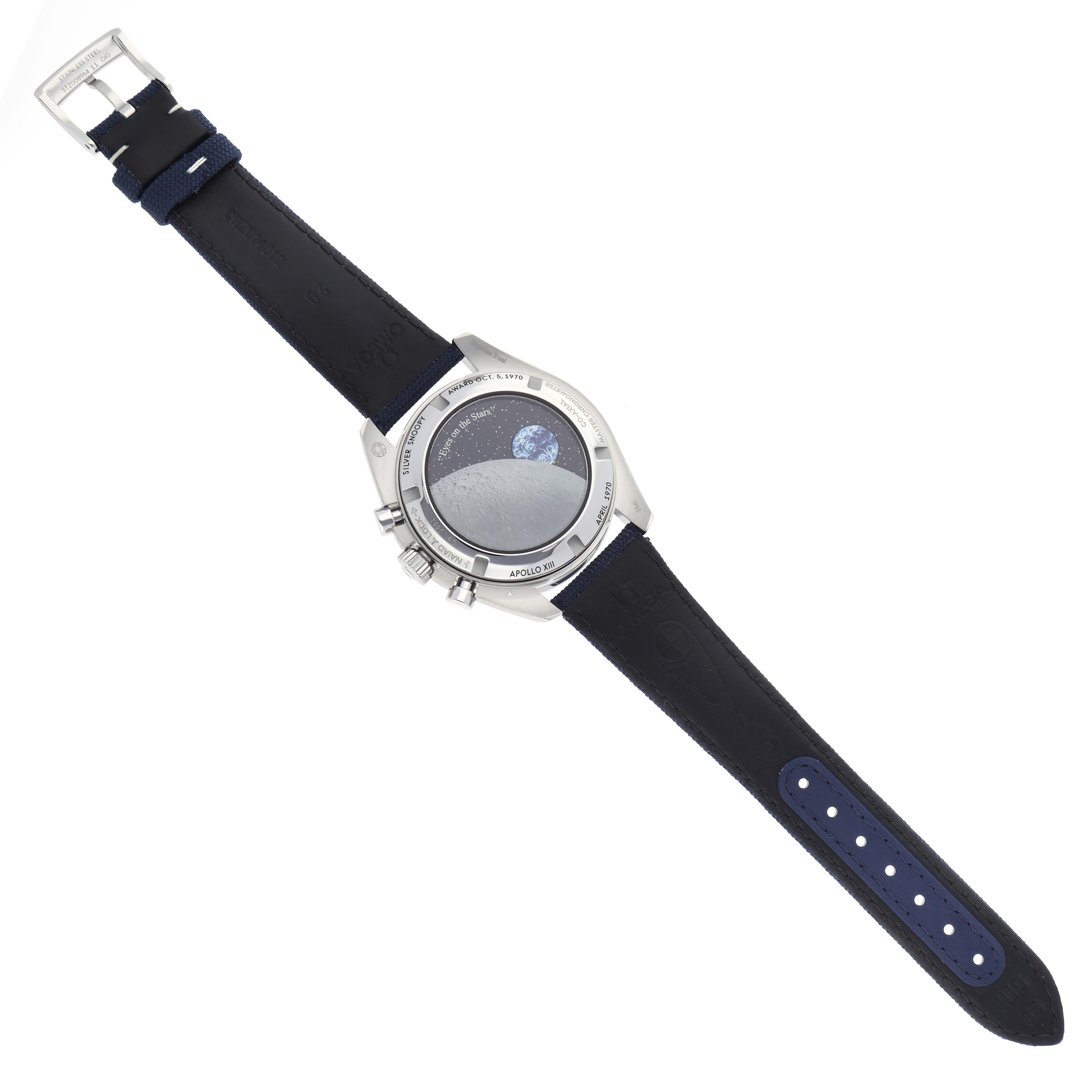 The Omega Speedmaster 310.32.42.50.02.001 Men's Stainless Steel Silver Dial 310.32.42.50.02.001 Men's Stainless Steel Silver Dial is shown from the back, highlighting its case back design and the full watch strap.