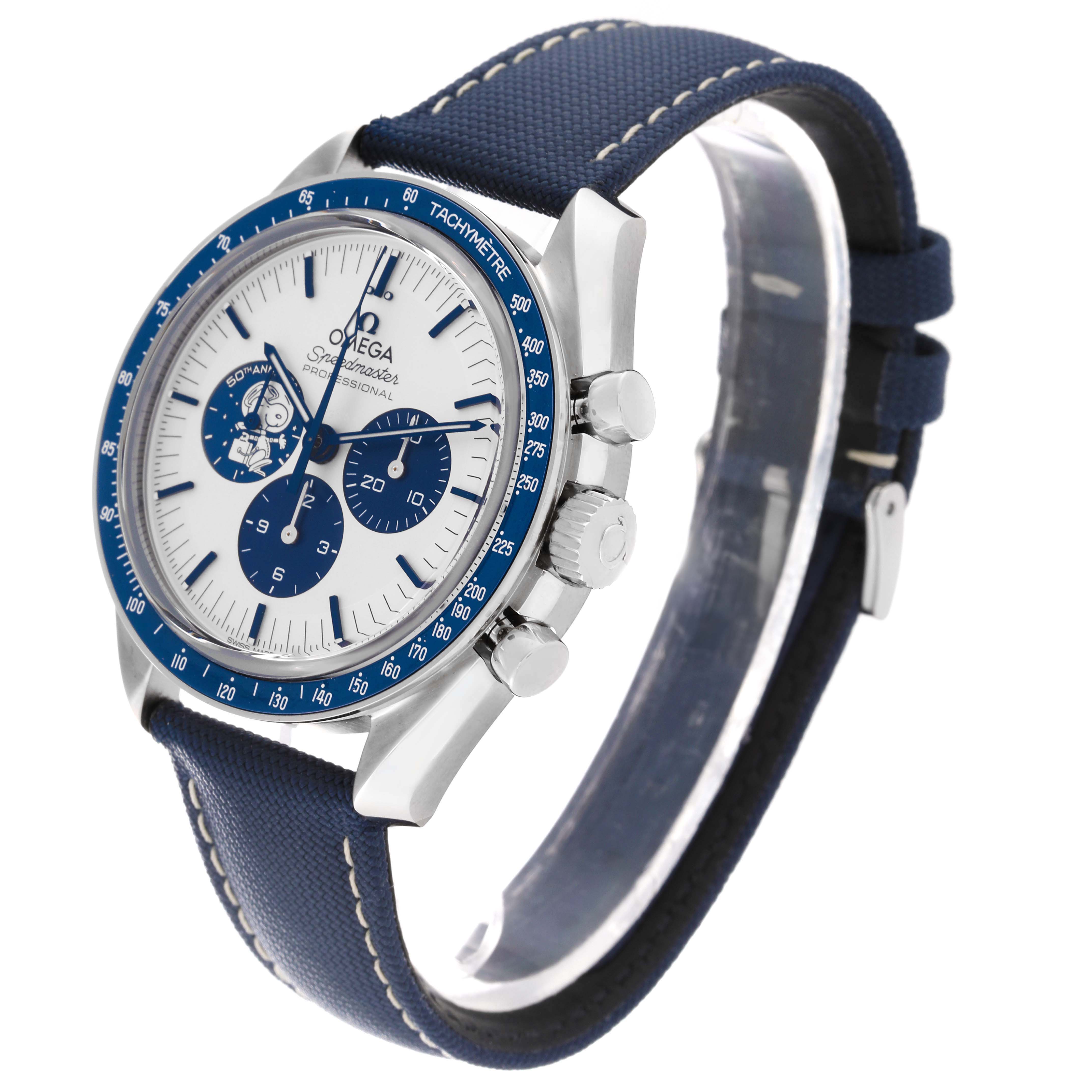 The Omega Speedmaster 310.32.42.50.02.001 Men's Stainless Steel Silver Dial 310.32.42.50.02.001 Men's Stainless Steel Silver Dial watch is shown at an oblique angle, displaying the face, bezel, case, crown, and blue strap.