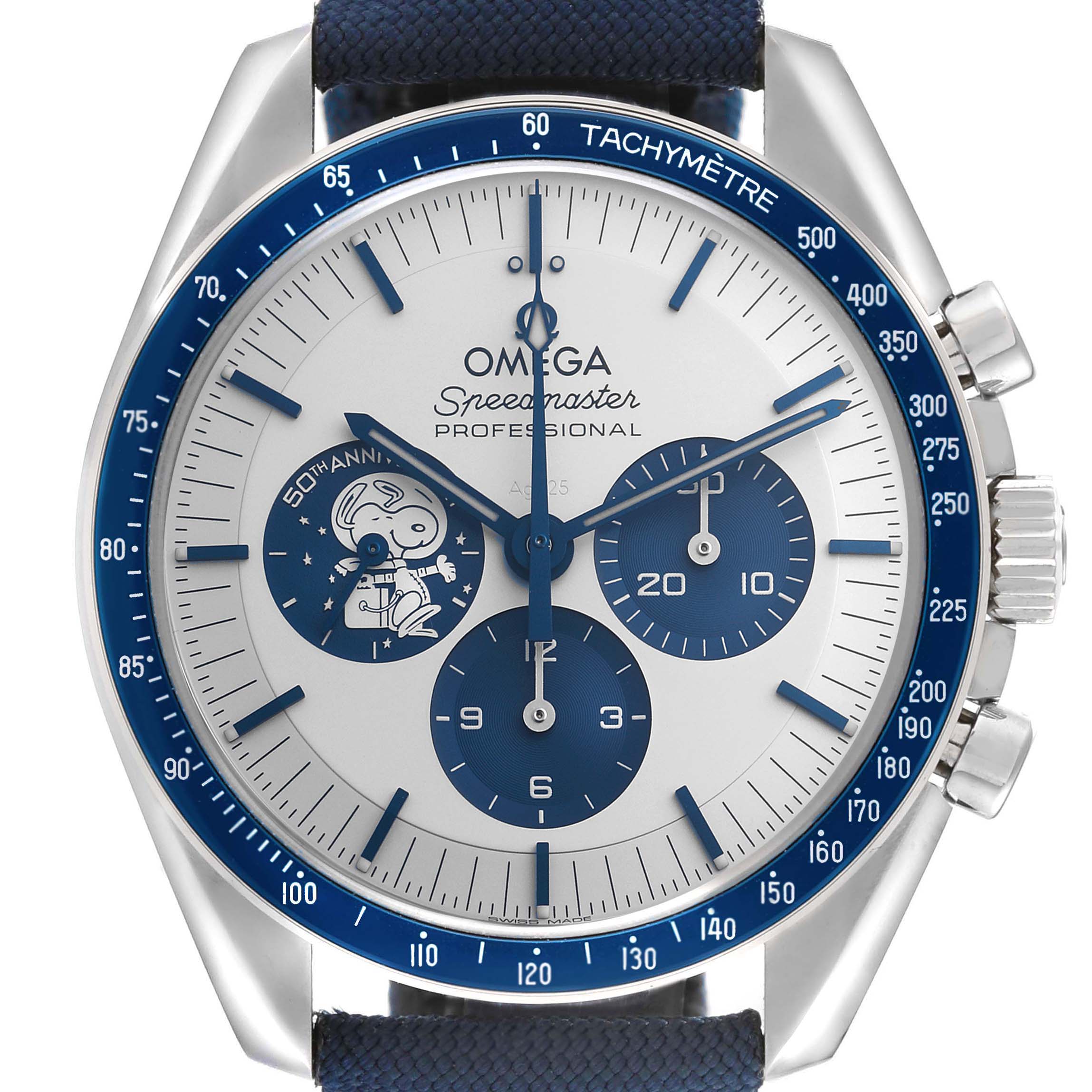The Omega Speedmaster 310.32.42.50.02.001 Men's Stainless Steel Silver Dial 310.32.42.50.02.001 Men's Stainless Steel Silver Dial watch is shown from the front, featuring a blue and white dial with a tachymeter bezel.