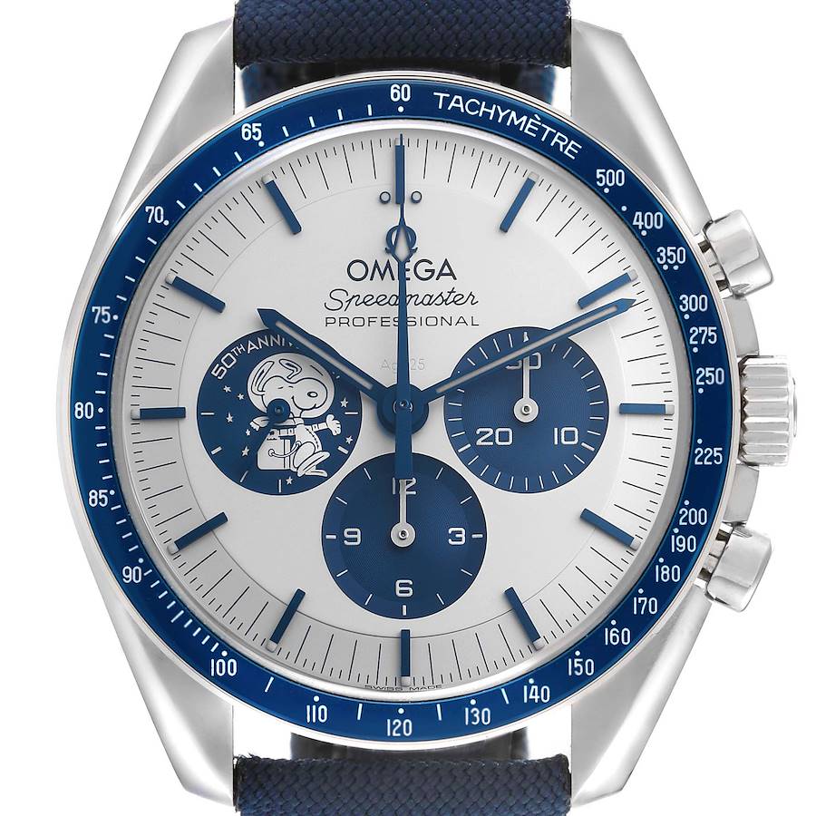 The Omega Speedmaster watch is shown from the front, featuring a blue and white dial with a tachymeter bezel.