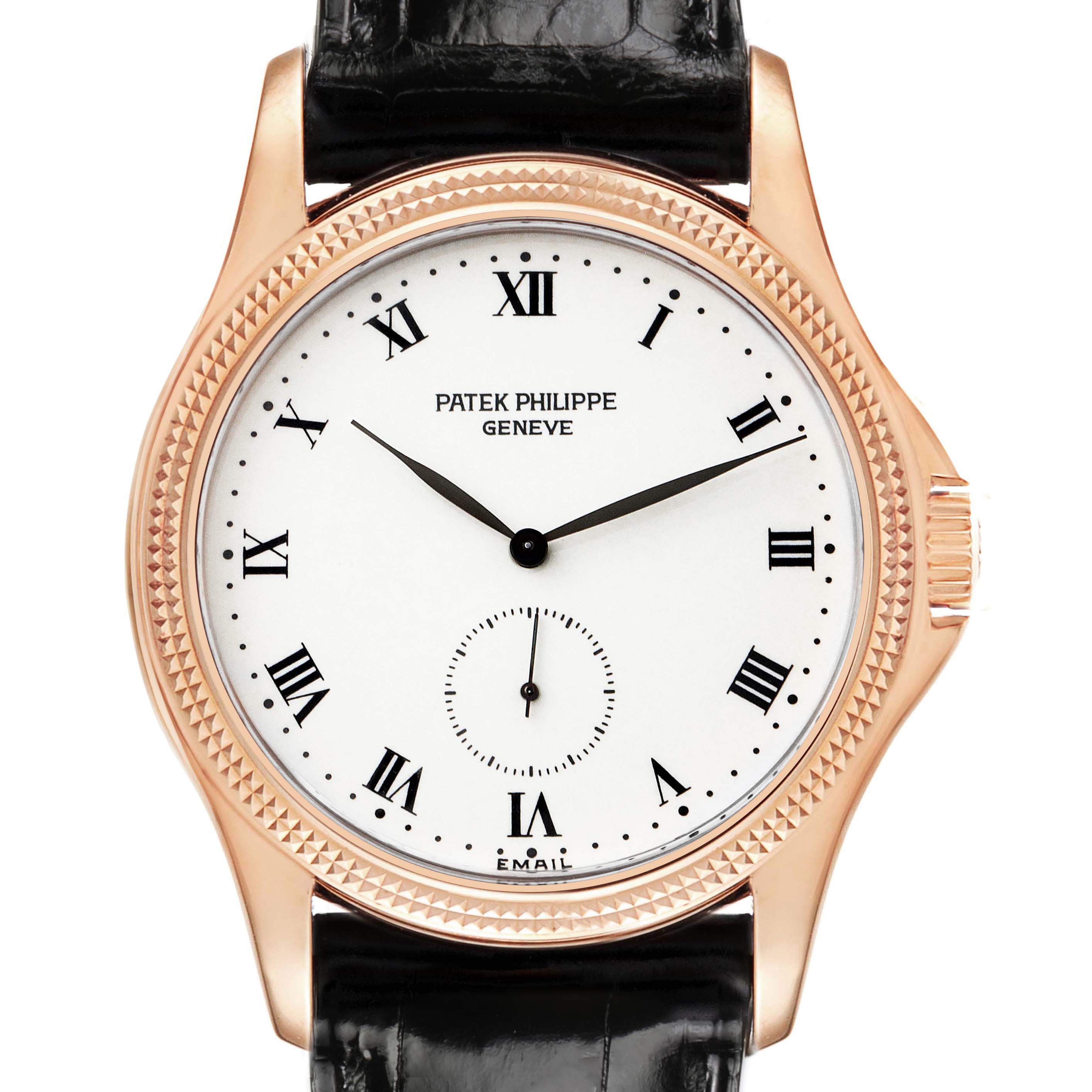 The watch is shown from a front angle, displaying the dial, bezel, and part of the strap of the Patek Philippe Calatrava 5115R-001 Men's Rose Gold White Dial 5115R-001 Men's Rose Gold White Dial.