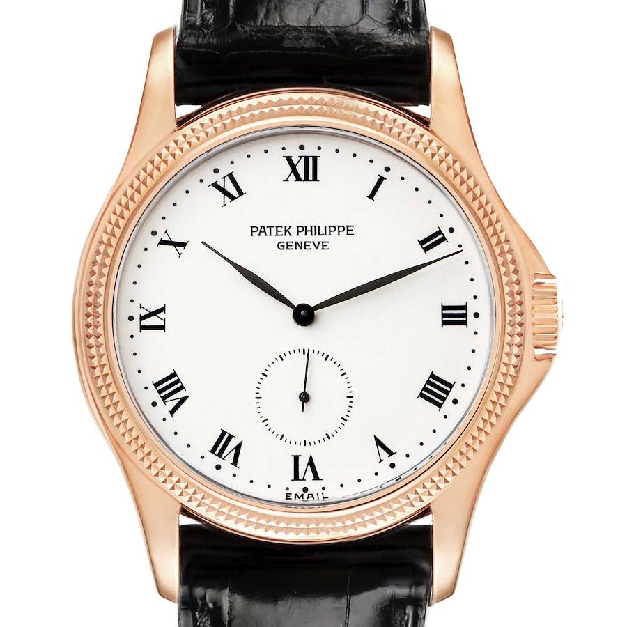 The watch is shown from a front angle, displaying the dial, bezel, and part of the strap of the Patek Philippe Calatrava.