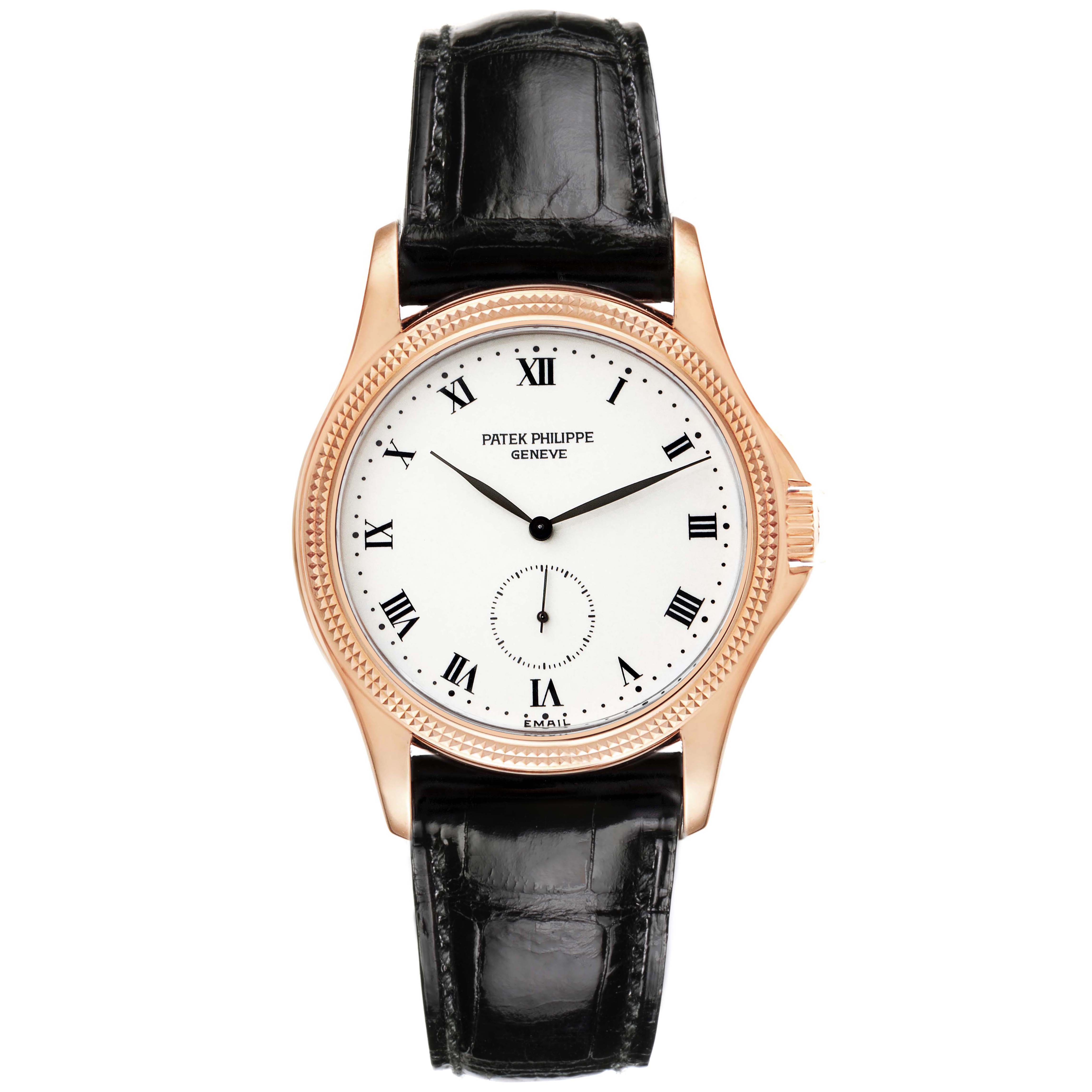 The Patek Philippe Calatrava 5115R-001 Men's Rose Gold White Dial 5115R-001 Men's Rose Gold White Dial watch is shown from a front angle, displaying its face and strap.