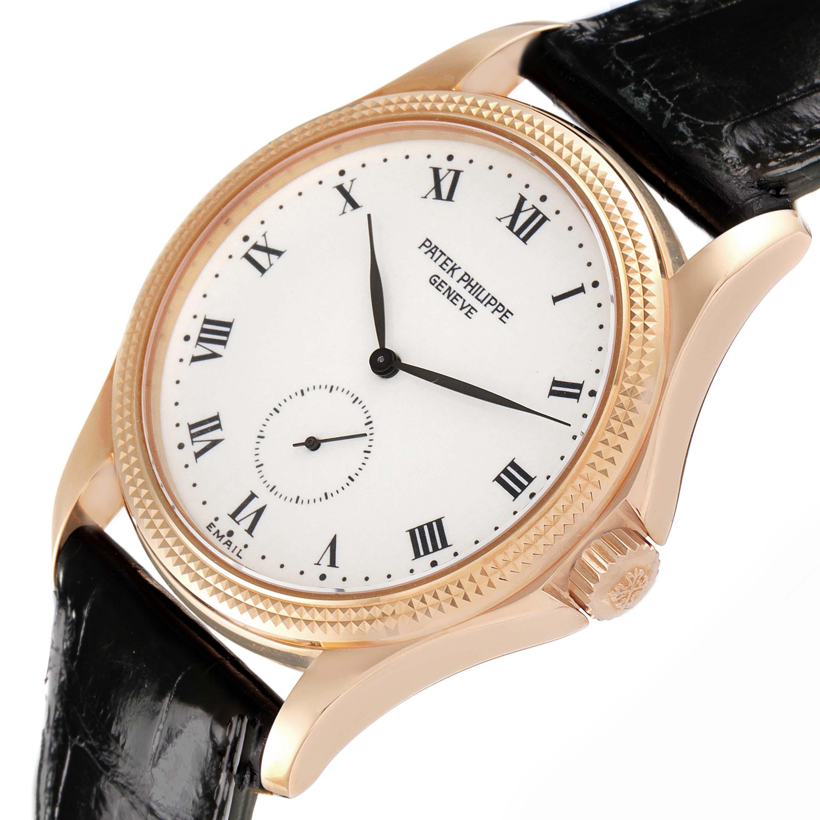 The Patek Philippe Calatrava 5115R-001 Men's Rose Gold White Dial 5115R-001 Men's Rose Gold White Dial watch is shown at an angle displaying the face, crown, strap, and textured bezel.