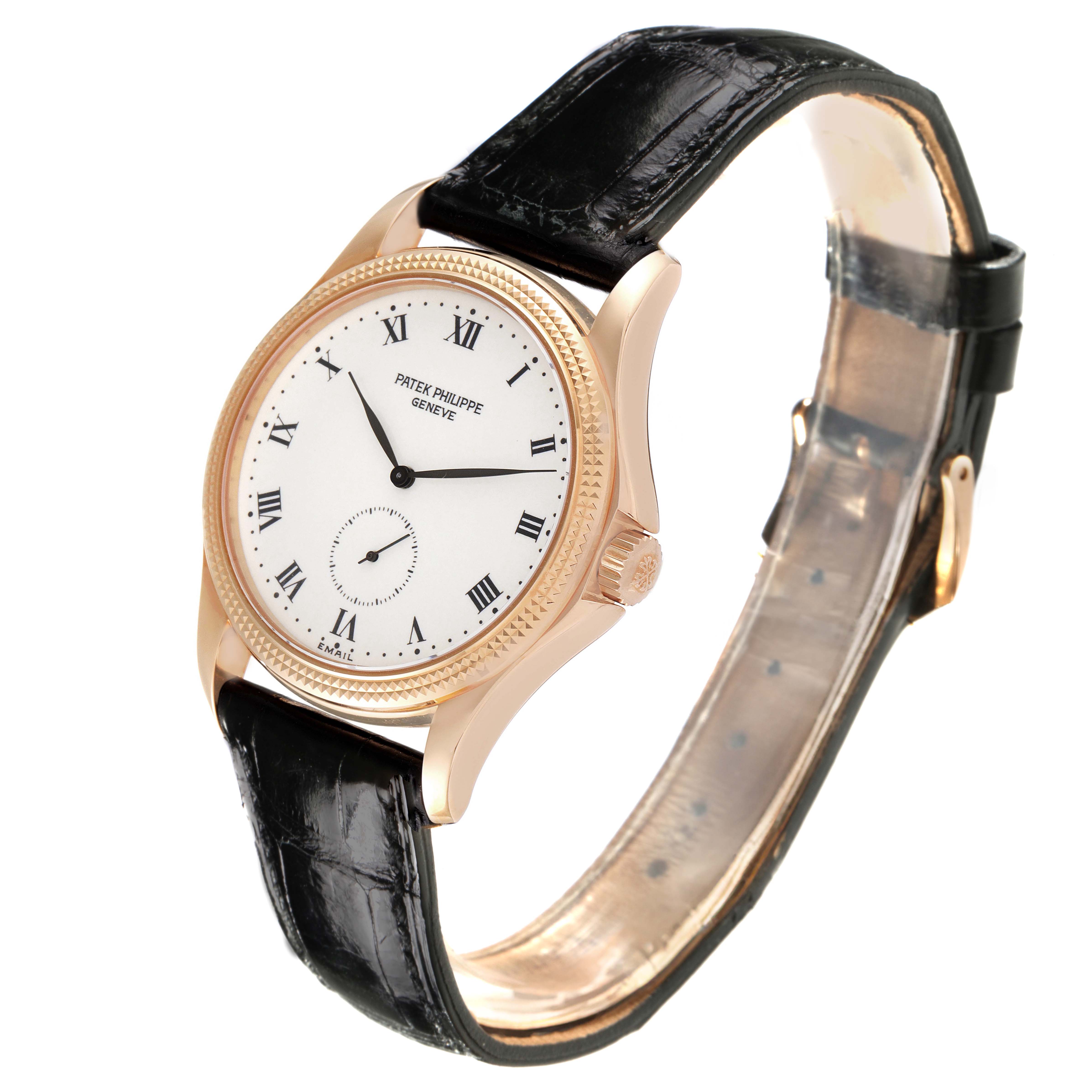 The image shows a side and front view of a Patek Philippe Calatrava 5115R-001 Men's Rose Gold White Dial 5115R-001 Men's Rose Gold White Dial watch with a leather strap and round dial.