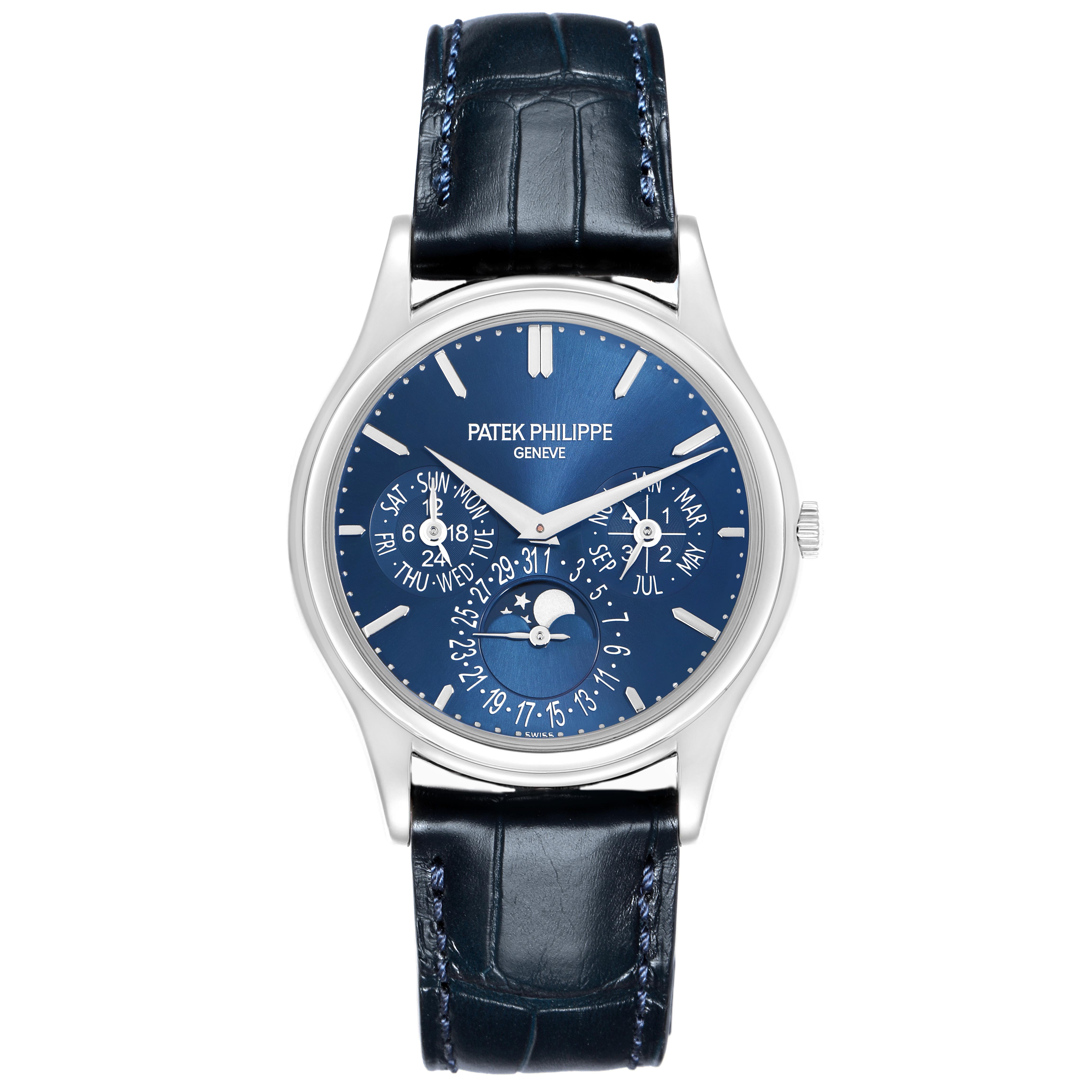 The Patek Philippe Complications 5140P-001 Men's Platinum Blue Dial 5140P-001 Men's Platinum Blue Dial watch is shown from a front angle, highlighting its blue dial and leather strap.