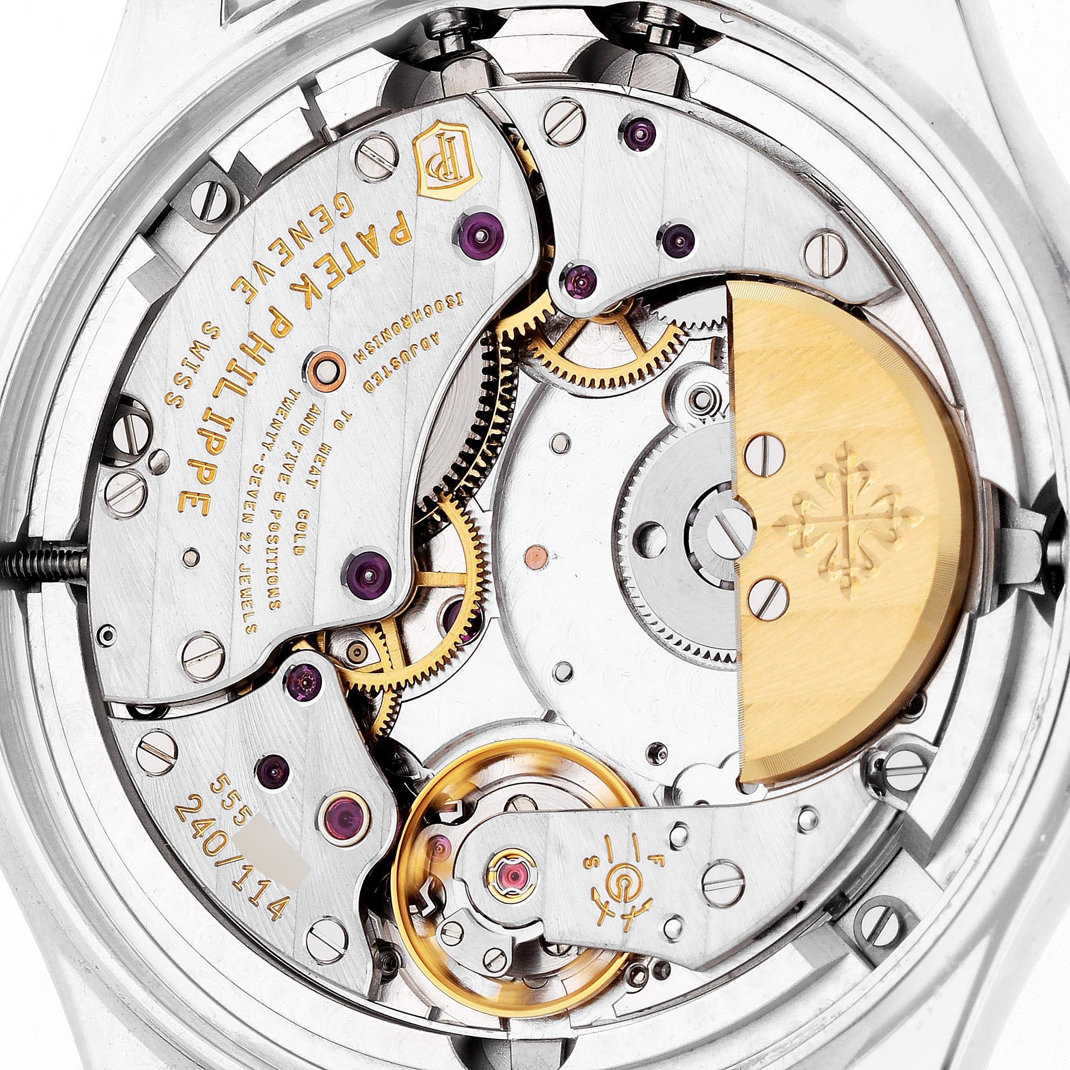 The image shows the back view of a Patek Philippe Complications 5140P-001 Men's Platinum Blue Dial 5140P-001 Men's Platinum Blue Dial watch, highlighting its intricate movement components.