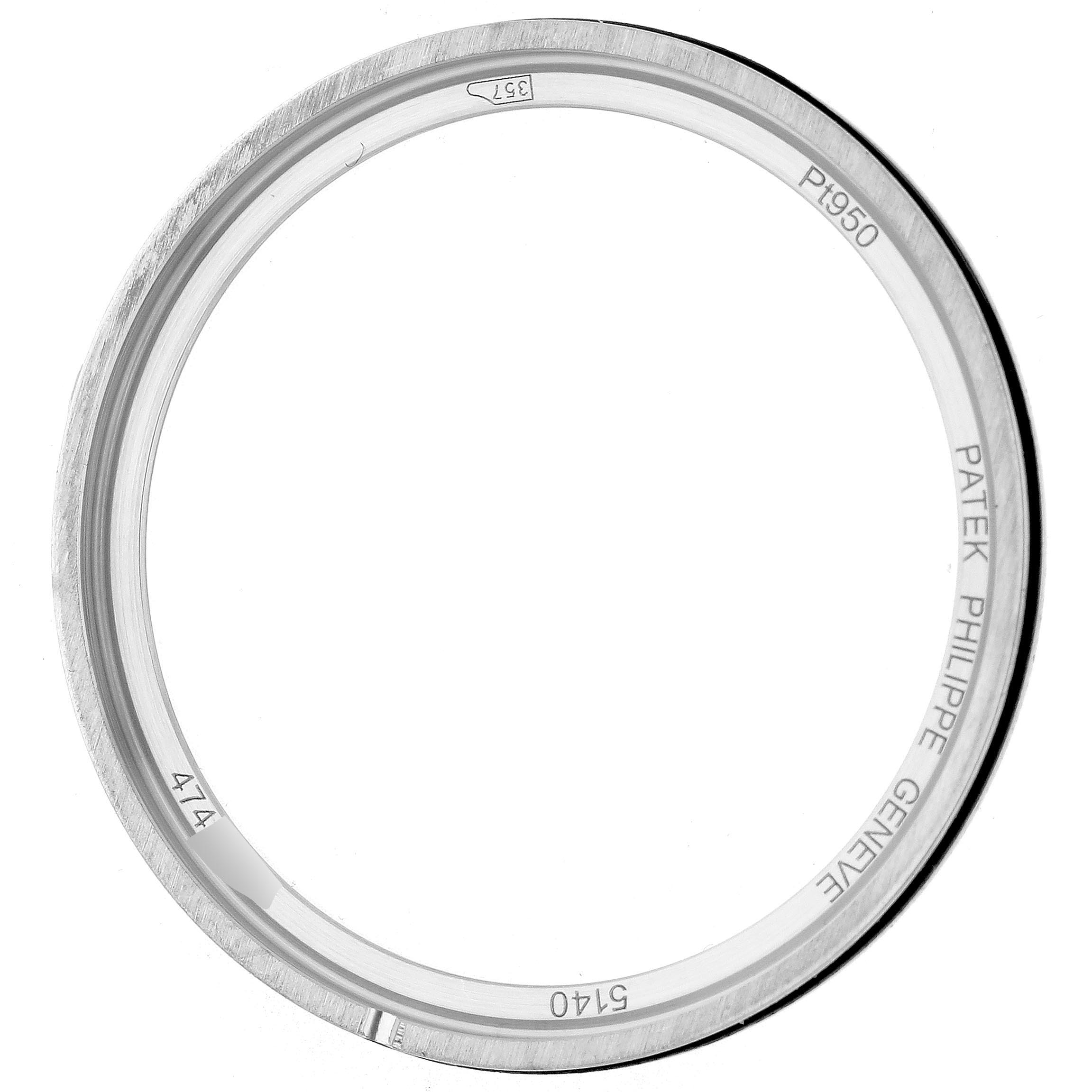 The image shows the bezel of a Patek Philippe Complications 5140P-001 Men's Platinum Blue Dial 5140P-001 Men's Platinum Blue Dial model from a top-down view.