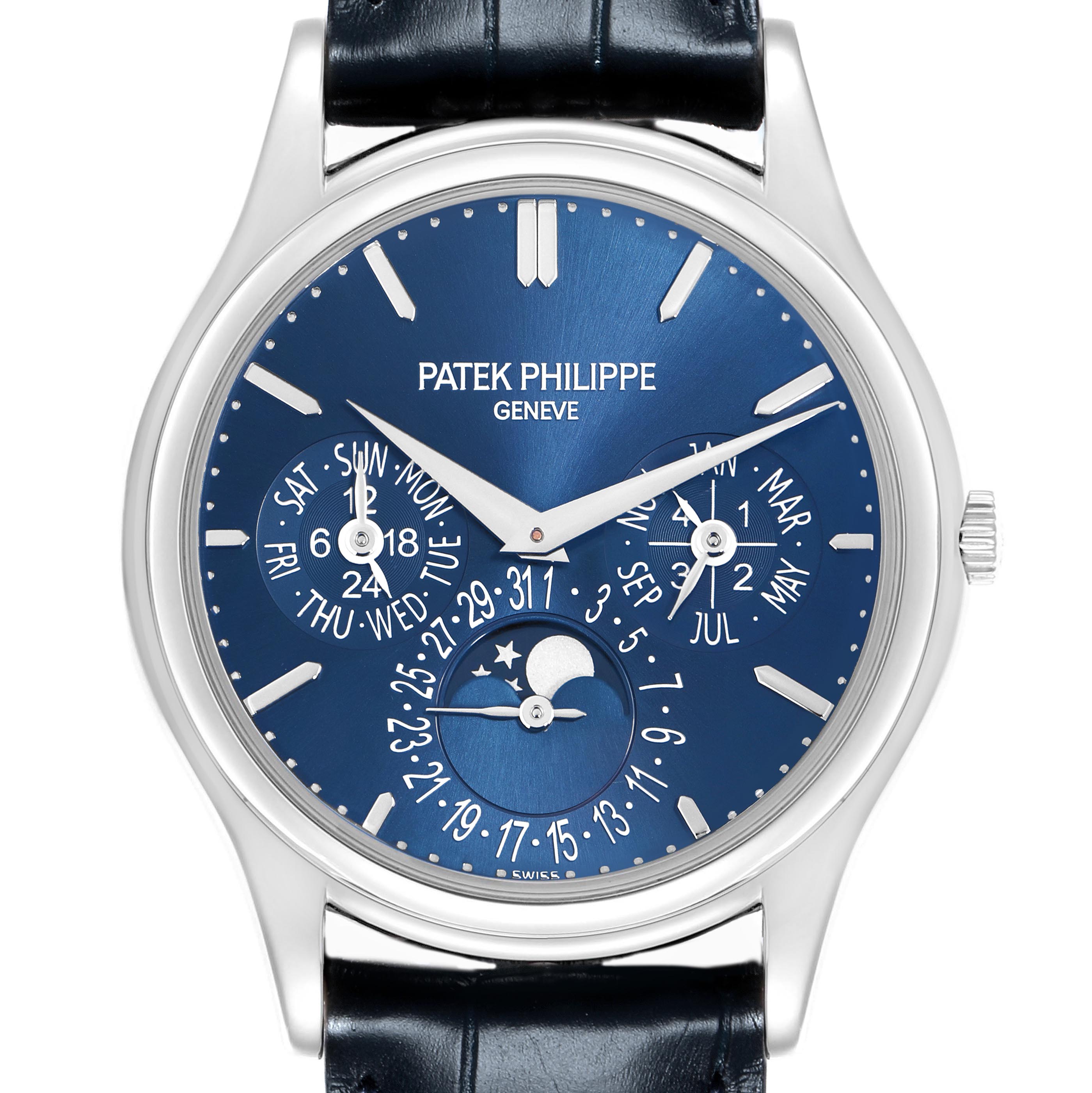 The Patek Philippe Complications 5140P-001 Men's Platinum Blue Dial 5140P-001 Men's Platinum Blue Dial watch is shown from the front, featuring a blue dial with various subdials and a moon phase.