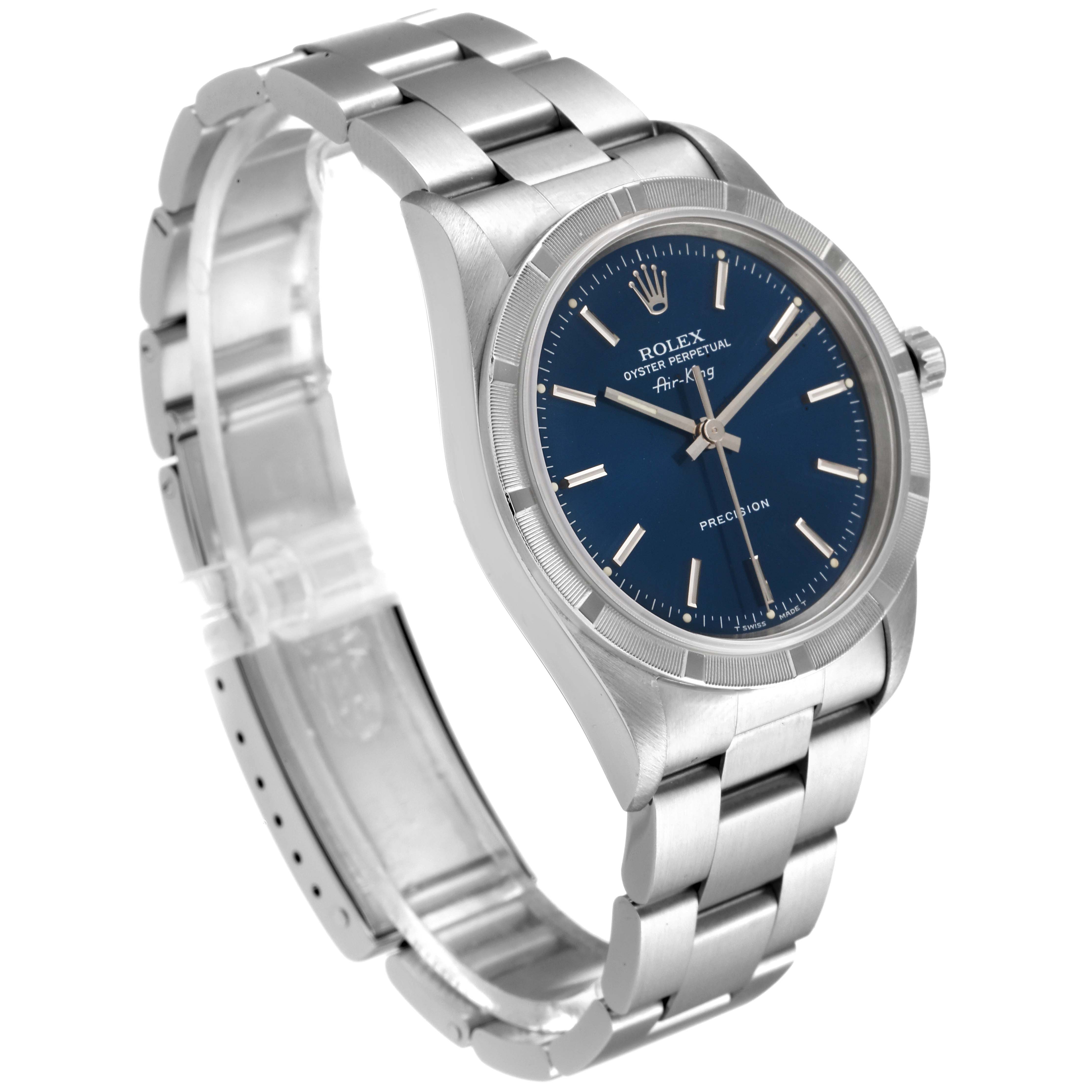 The Rolex Air-King 14010 Men's Stainless Steel Blue Dial 14010 Men's Stainless Steel Blue Dial watch is shown at an angled side view, displaying the face, bezel, crown, and bracelet.