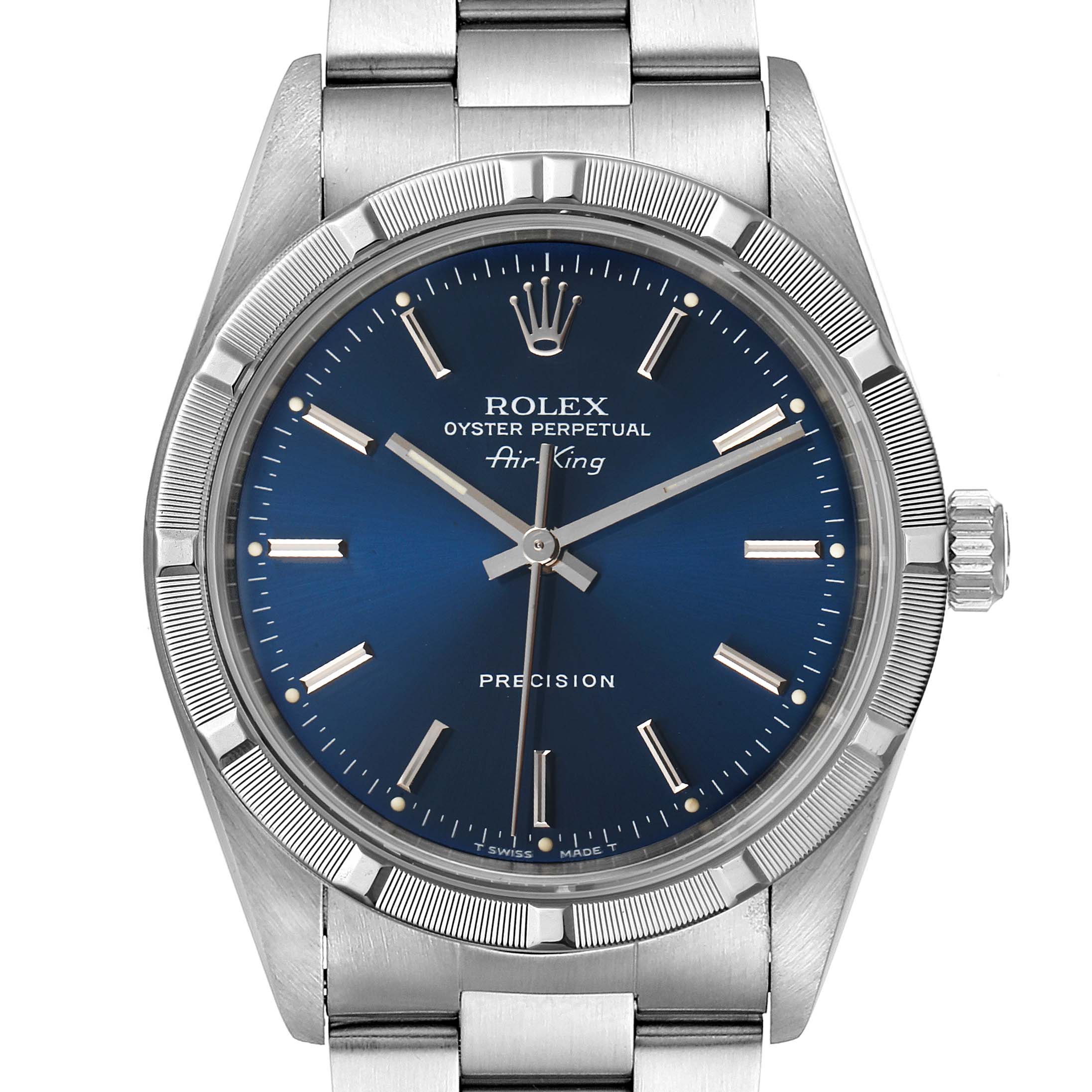 The image shows a Rolex Air-King 14010 Men's Stainless Steel Blue Dial 14010 Men's Stainless Steel Blue Dial watch face and bezel from a straight-on angle, featuring a stainless steel band and crown.