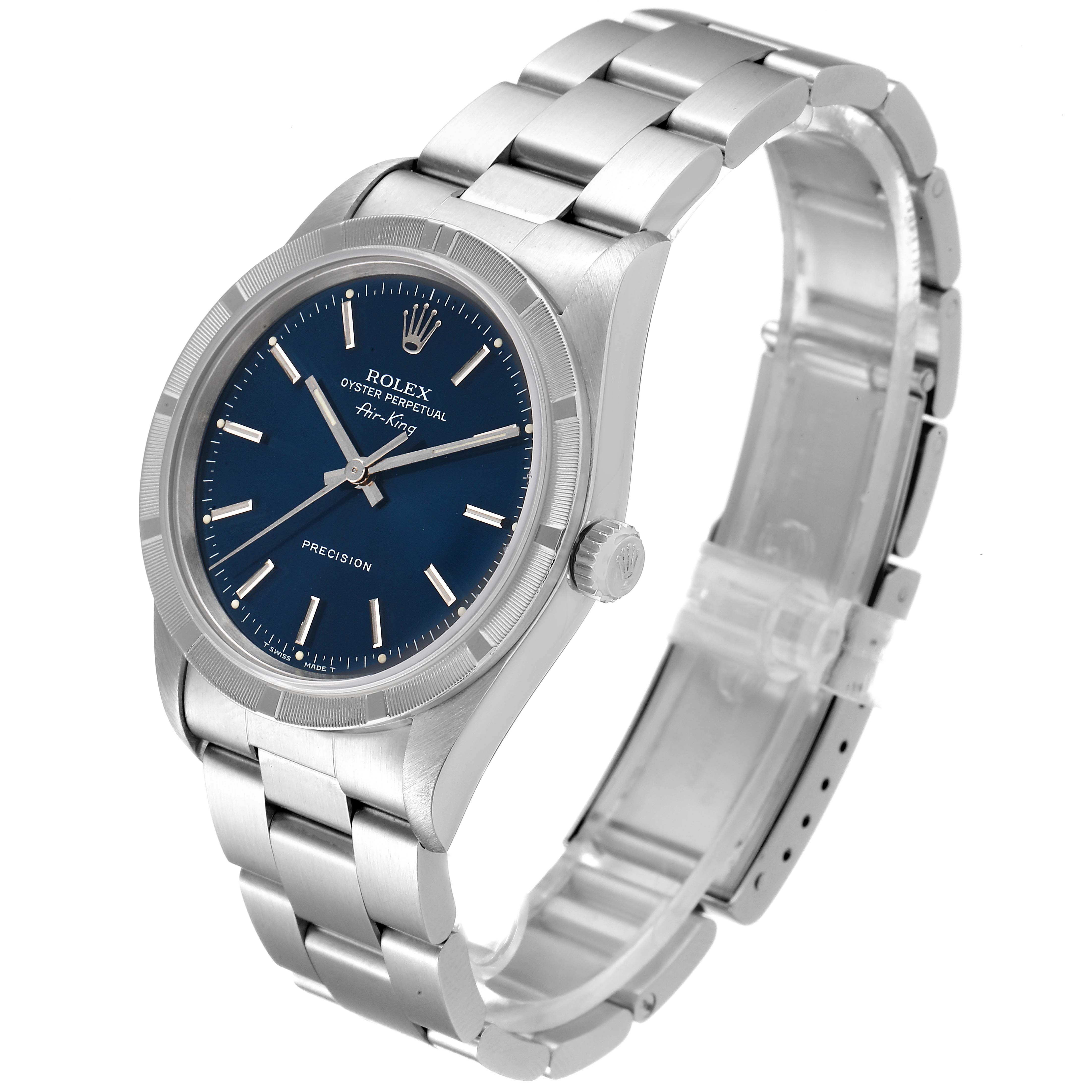 The Rolex Air-King 14010 Men's Stainless Steel Blue Dial 14010 Men's Stainless Steel Blue Dial watch is shown at a slight angle, highlighting the blue dial, stainless steel case, and bracelet.